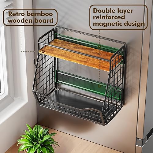 Miniatura 5 de Estante magnético fuerte para nevera 2 en 1 estante magnético para especias para refrigerador con parte superior de madera, cesta organizadora de