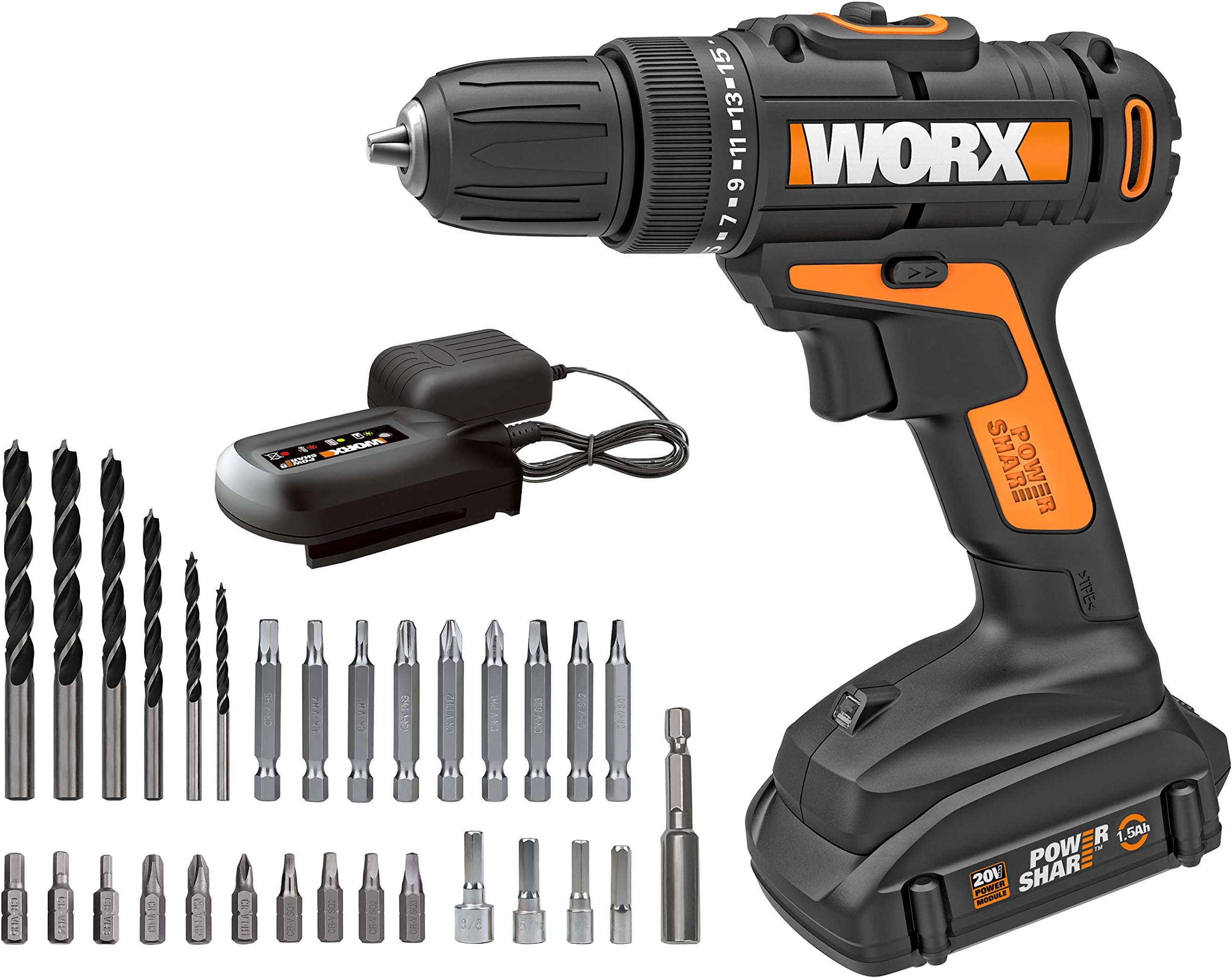 WORX 20V Cordless Drill Driver WX101L.4 with 30 Drilling&Driving Bit Set Battery and Charger Included
