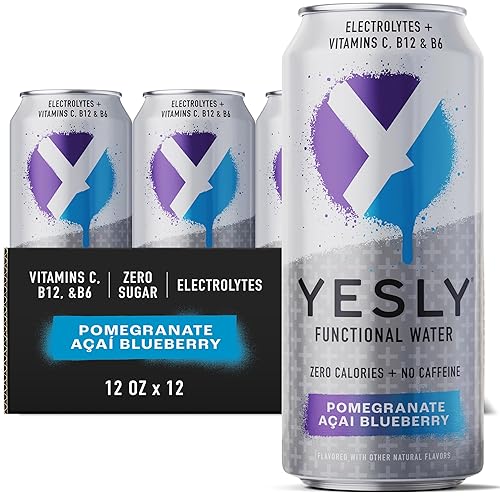 Yesly Agua Funcional, Granada Acai Arándano, Agua Sin Gas con Sabor Natural con Electrolitos, Magnesio, Potasio, Vitamina C, B6 y B12, Cero Azúcar,