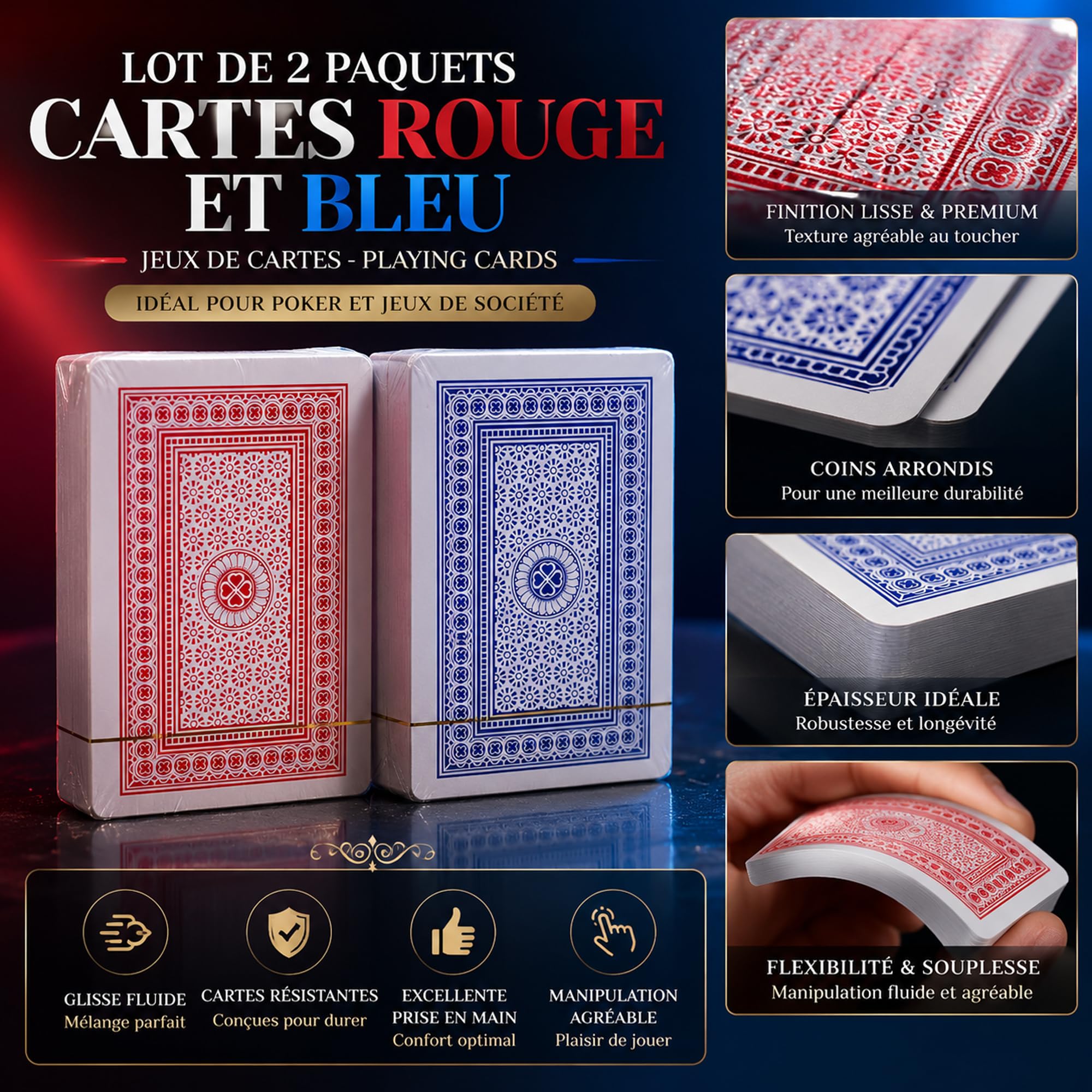 Jeux de Cartes Rouge et Bleu Lot de 2 - Cartes à Jouer pour Poker et Jeux de Société