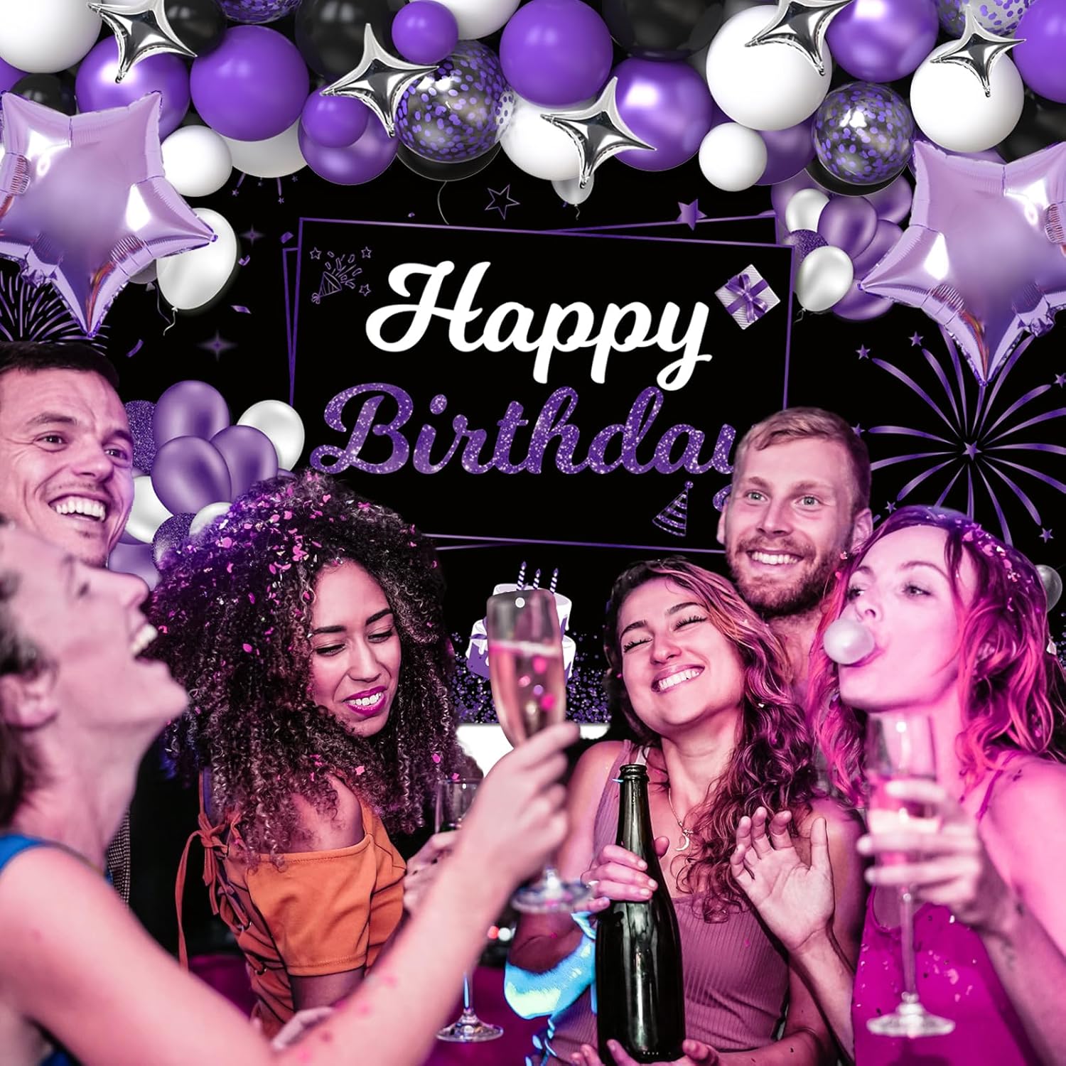 28th Birthday Decorations for Women, Purple Black Happy 28 Party Decor with Backdrop Banner, Tablecloth, 28 Number Foil Balloons for Her - Image 6