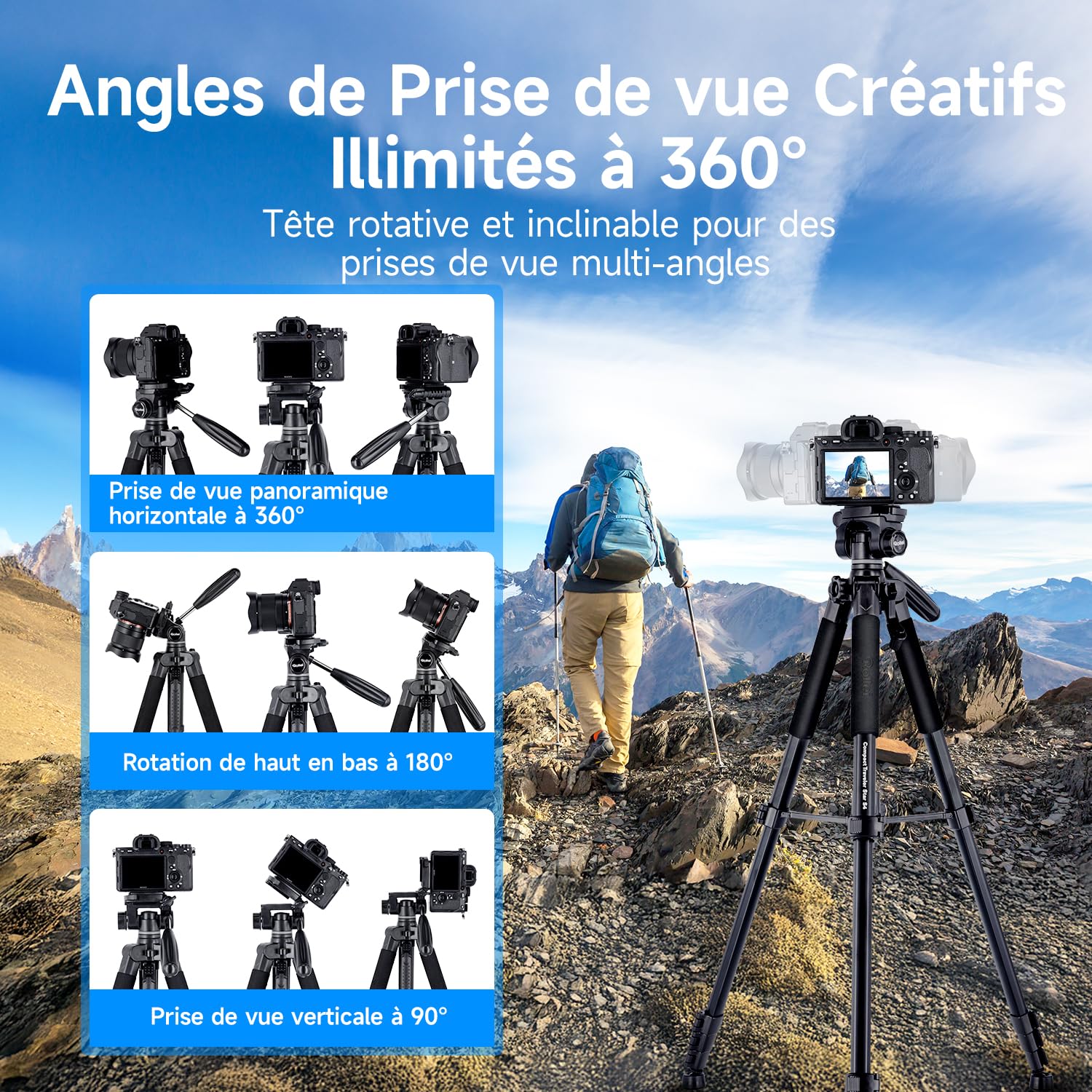 Rollei Trepied Appareil Photo 188cm Compact Traveler Star S4 en Aluminium