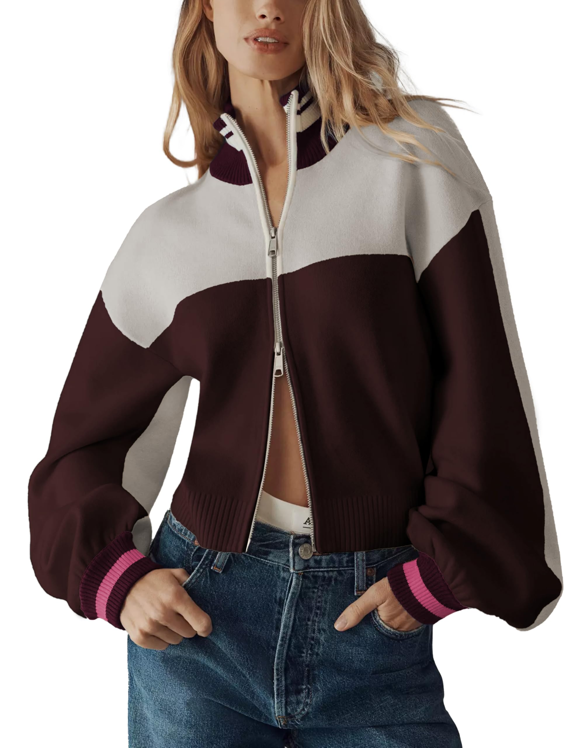 Womens Cardigan Sweaters Double Zip Up Long Sleeve Knitted Jackets Outerwear Color Block Casual Cardigan Coats