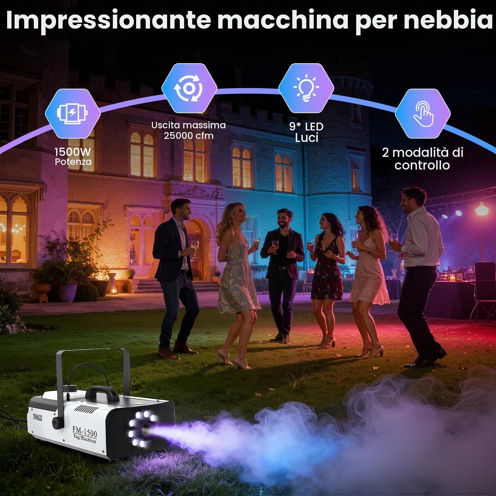 DMX 1500 W macchina per nebbia 2 l, 9 x 3 W 3 in 1 RGB LED per palcoscenico, fumo, macchina per nebbia con telecomando
