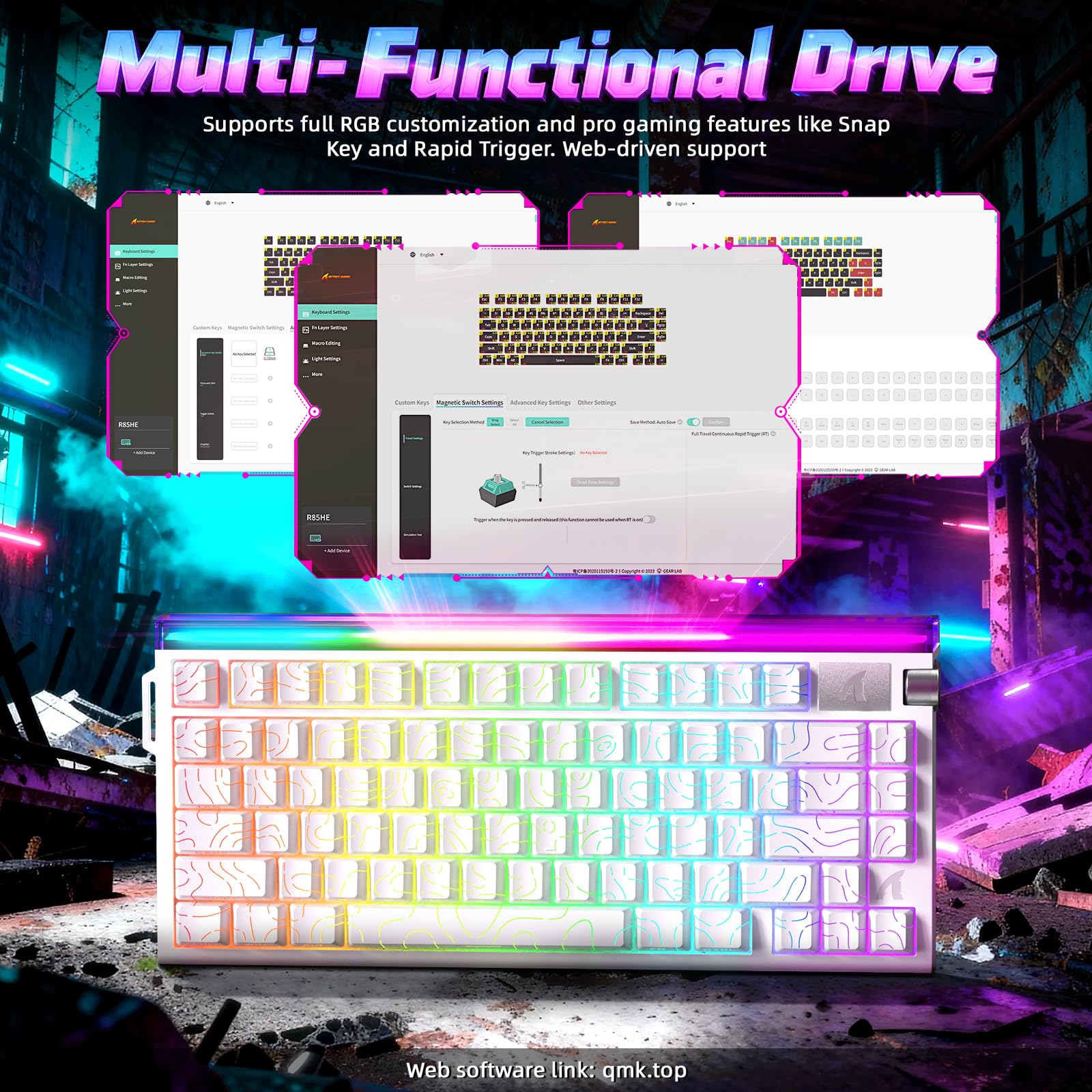 ATTACK SHARK R85 HE – Przewodowa klawiatura gamingowa 75% z kablem C01ULTRA LED, magnetycznymi przełącznikami, oprogramowaniem Multifunctional, RGB, pokrętłem, 8000 Hz (Biały kontur)