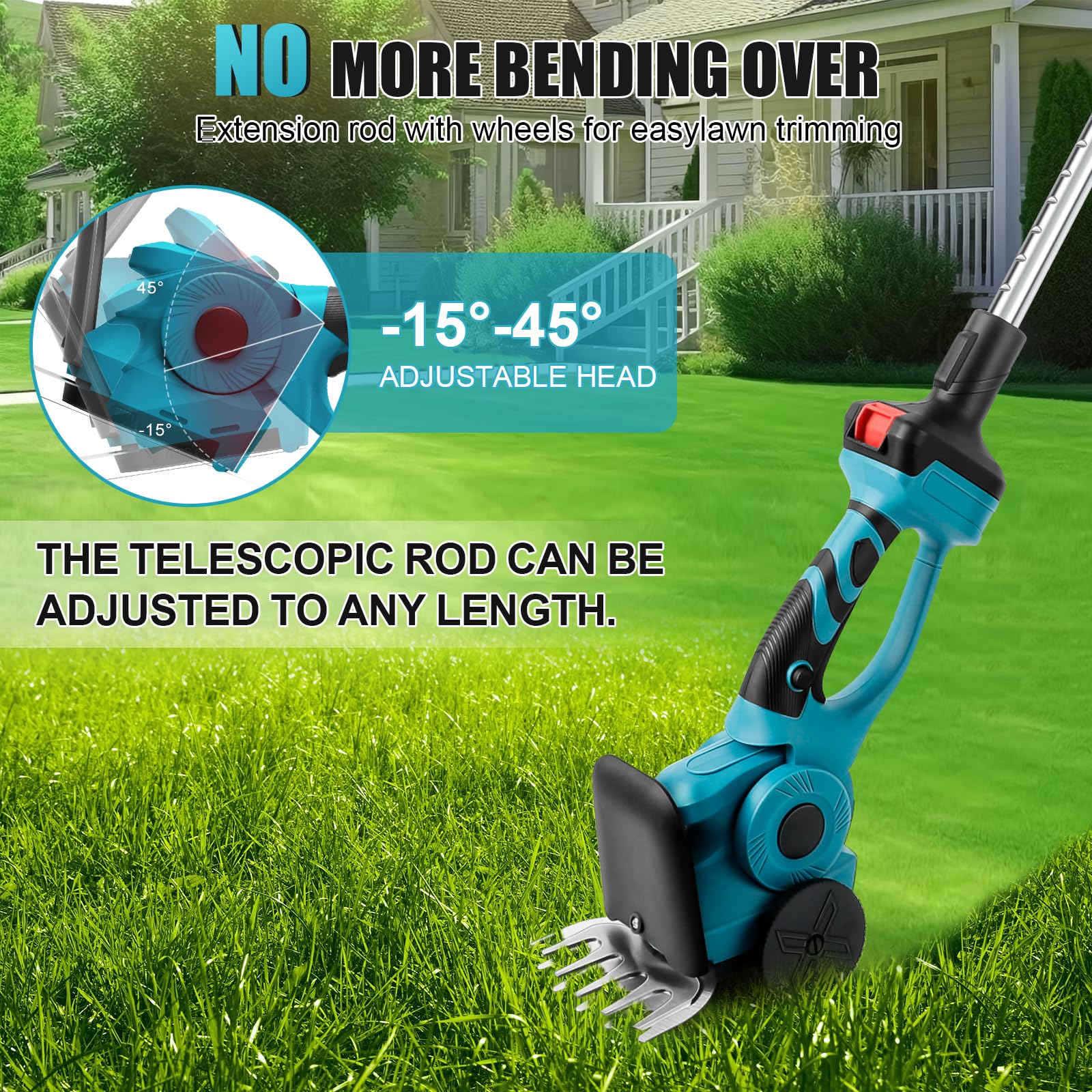3 en 1 Cortasetos telescópicos con 2 x 2000mAh Baterías, Arbustos Cortacésped y Cortasetos, Longitud de Cuchilla 220 mm y 130 mm, Cabezal Ajustable 90° para Podar Setos y Arbustos