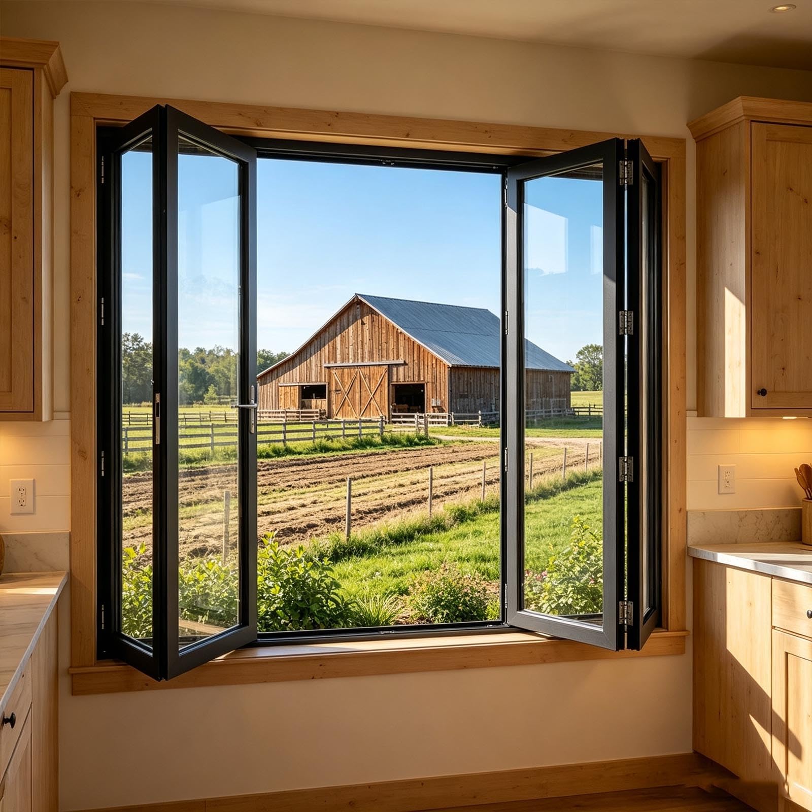 Ventana corredera plegable de aleación de aluminio con cristal templado; puerta divisoria interior retráctil de doble hoja; ventana de servicio de ventilación de recambio con kit de herrajes