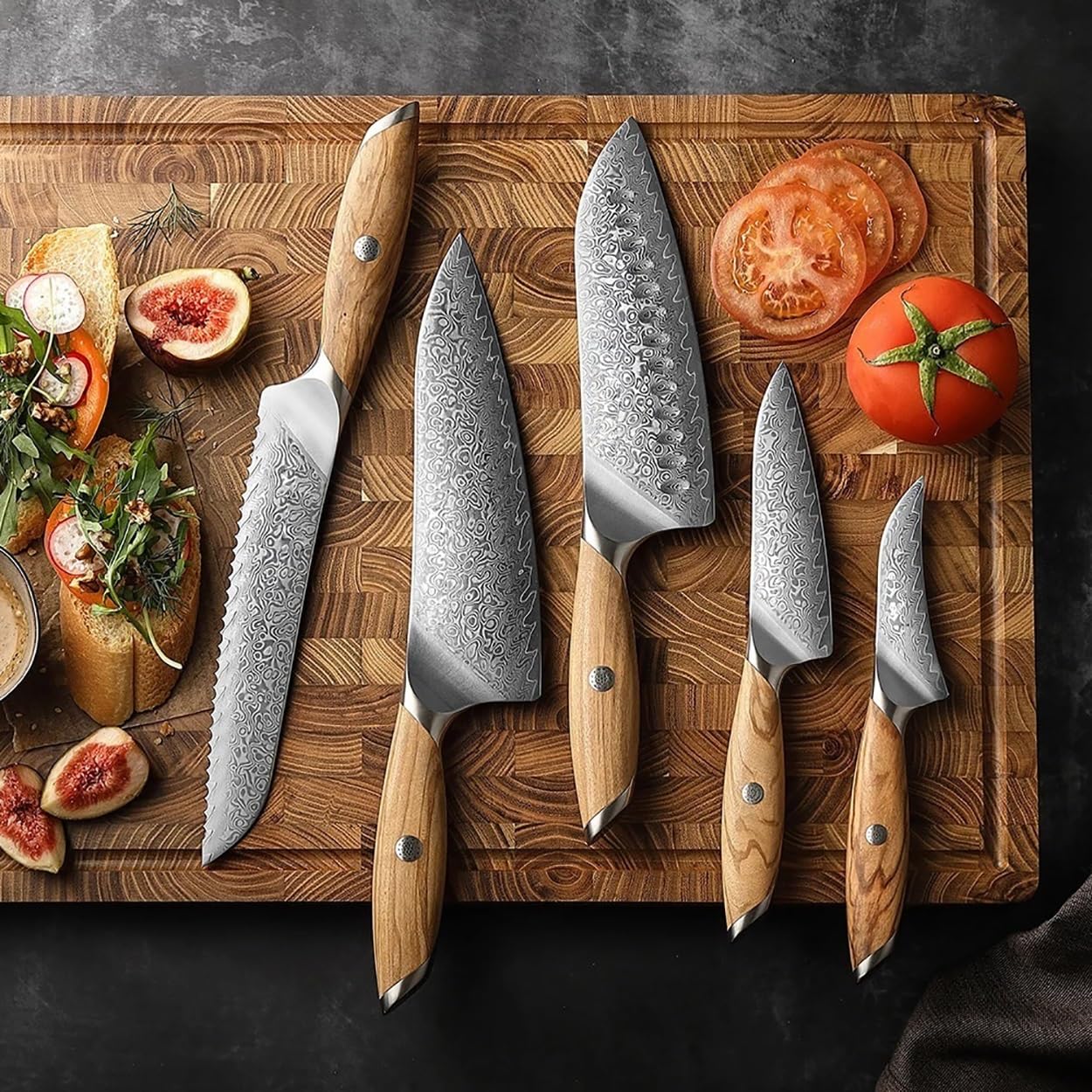 Damascus Knife Set 5PCS Kitchen Knife Set 73 Layers Composite Damascus Steel Chef Utility Knives Olive Wood Handle
