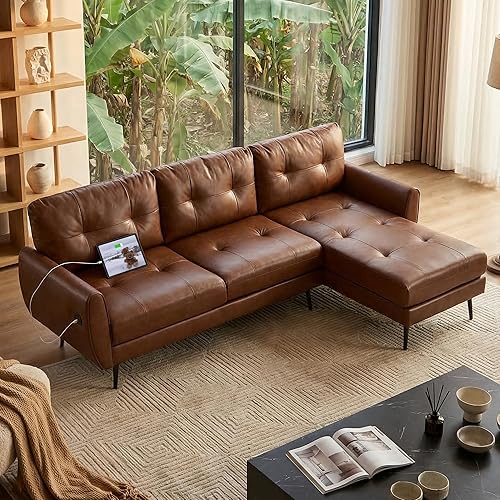 TYBOATLE 89'' 3 Seat L Shaped Sofa, Leather Sectional Couches for Living Room, Faux Leather Couch w/USB & Type-C Charging Port, Small Sectional Sofa w/Deep-Seat Chaise (Brown)