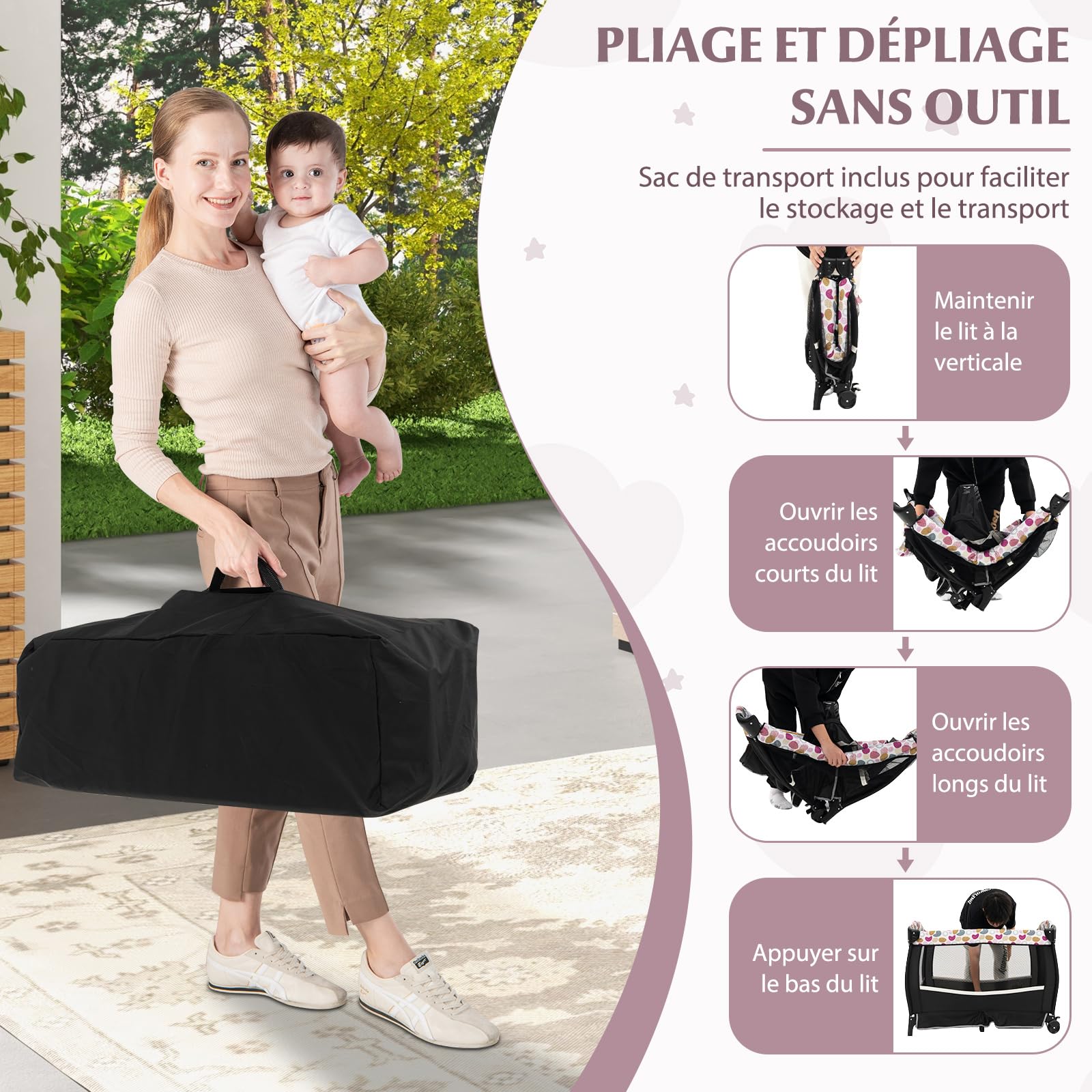 DREAMADE Lit Parapluie Bébé avec Matelas,4 en 1 Lit de Voyage 102x73x80CM Tout-Petites 0-3Ans avec Roues Verrouillables,Auvent Réglable,Poche,Porte-Couches,Sac de Transport (Noir+Cercle)