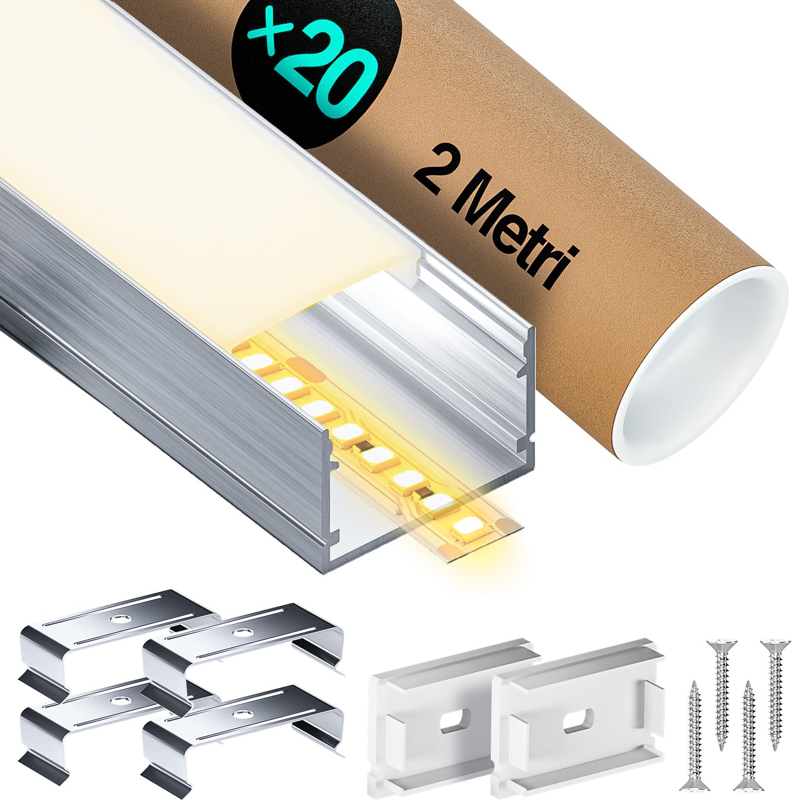 LUSLUX 2 m aluminiowy profil LED w kształcie litery U, 20 kanałów LED do taśm świetlnych, z mlecznym dyfuzorem zaślepkami i klipsami do projektów oświetlenia LED DIY (SP37)