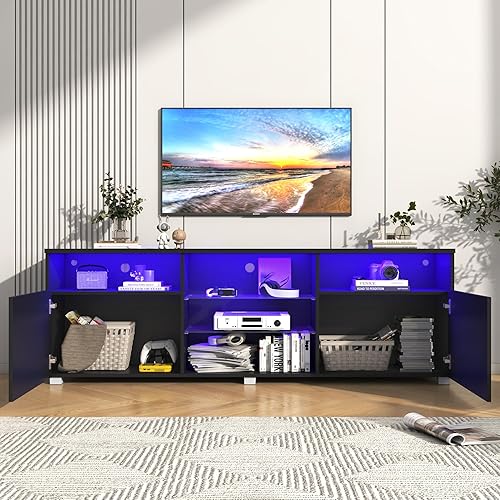 Miniatura 20 de Soporte de TV negro LED de alto brillo para TV de 55/60/65 pulgadas, moderno centro de entretenimiento LED con estantes de almacenamiento