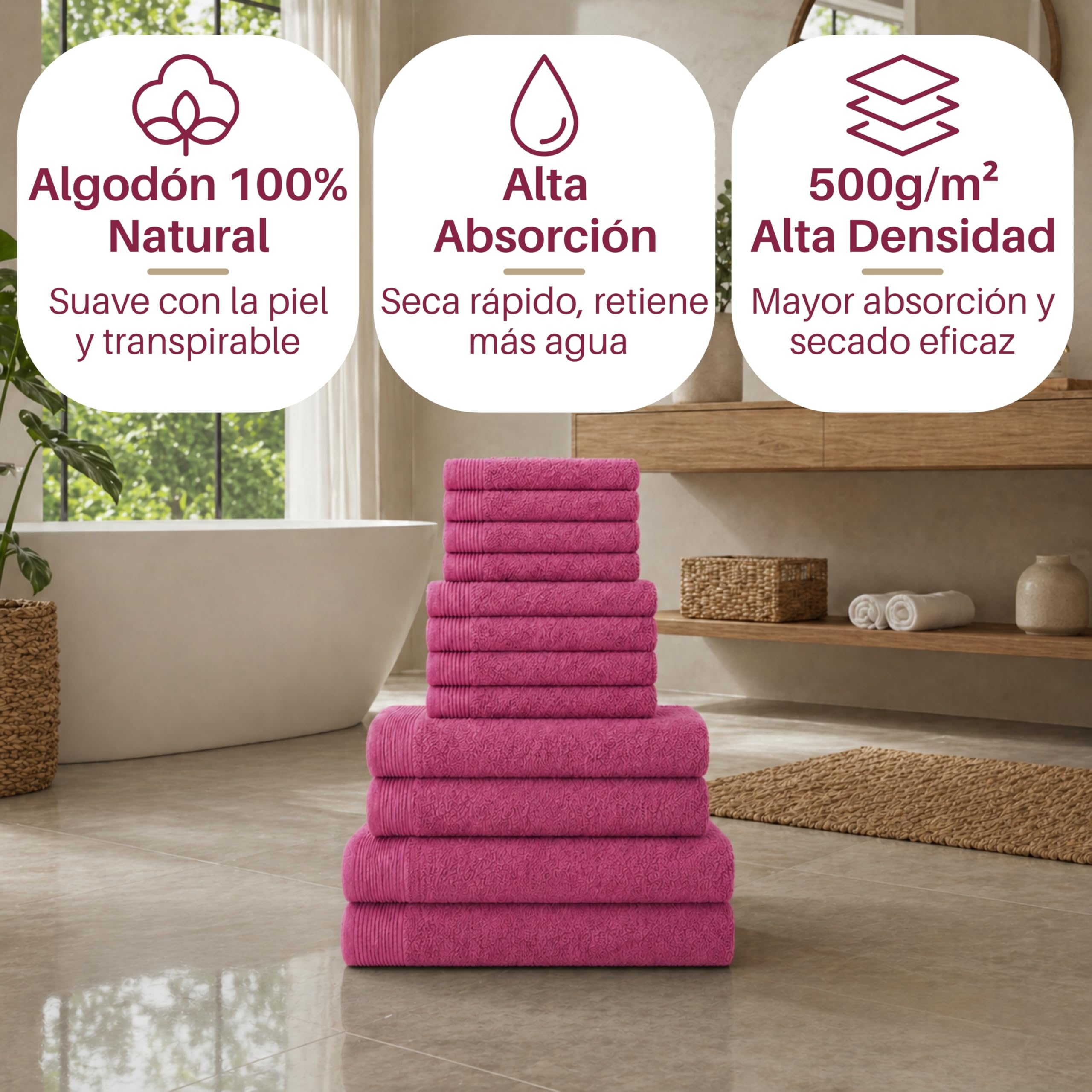NOVOTEXTIL Juego Toallas Baño Completo 12 Piezas – 2 Toallas Baño Grandes + 2 Toallas Ducha + 4 Toallas Lavabo + 4 Toallas Cara – 100% Algodón 500 g/m² – Suaves y Absorbentes (Fucsia)