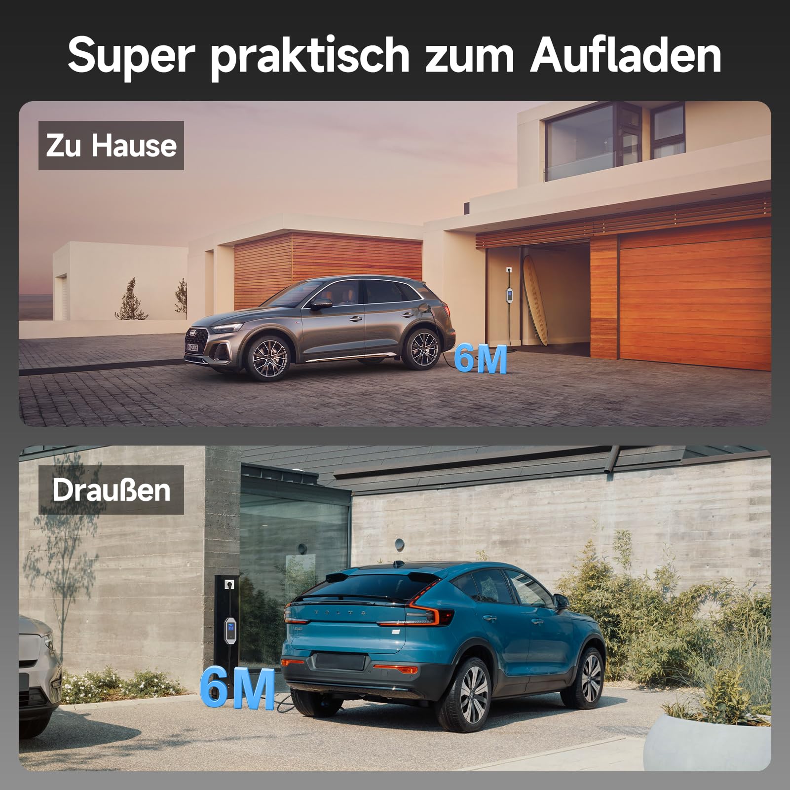 AFYEEV Type 2 EV-Oplader 3,68 kW [6 m 6-16 A 1-fasig], APP Enabled Type 2 Oplaadkabel Schuko Oplaadkabel Elektrische Auto, Instelbare stroom & Vertraagd opladen