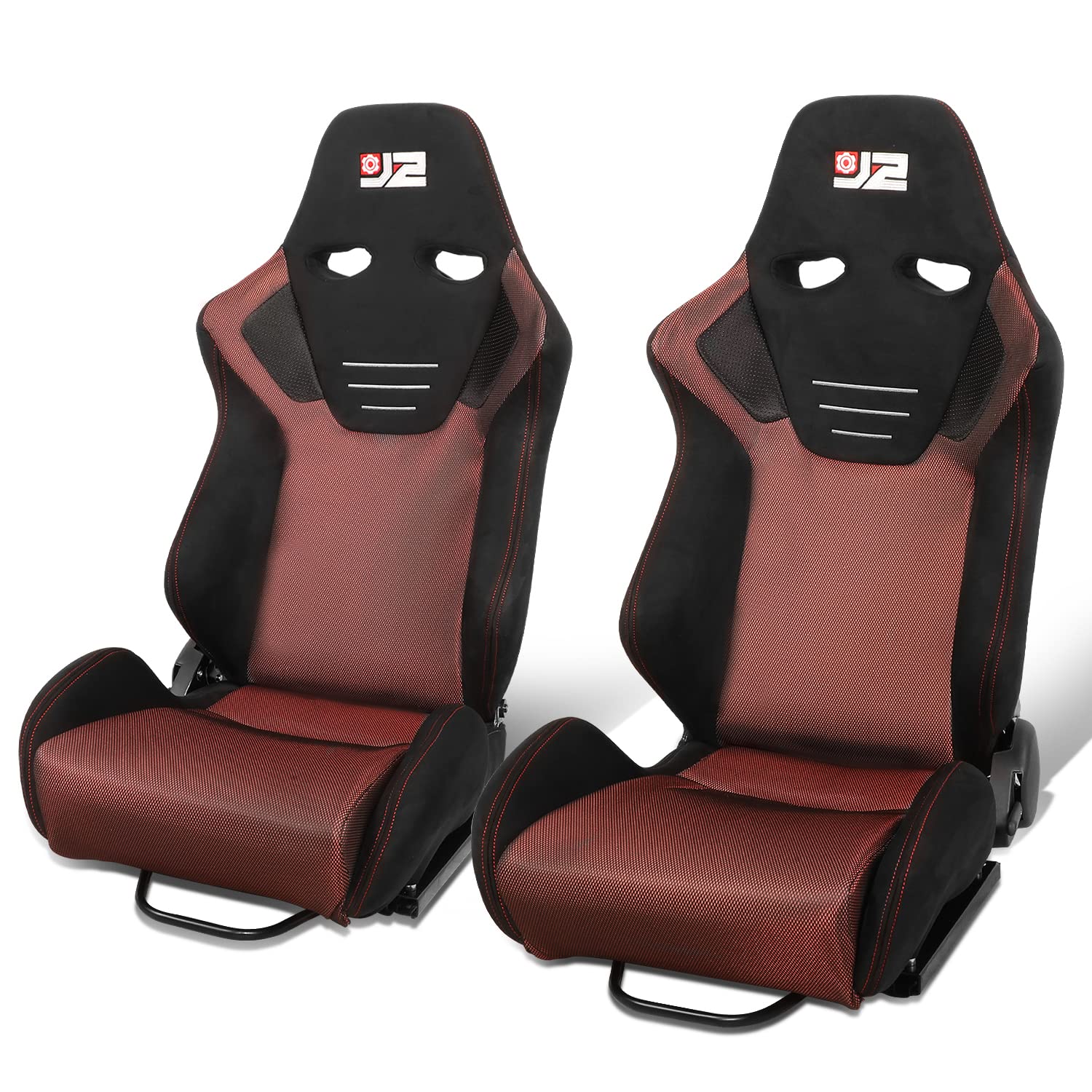 J2 Engineering Pair of Universal Racing Seat With Adjustable Glides Side Mount Adapters, Stitching Mesh Suede Style Fabric Injection-Molded Foam, 38" H X 21" W X 25" D, Black Red, J2-RS-006-RD