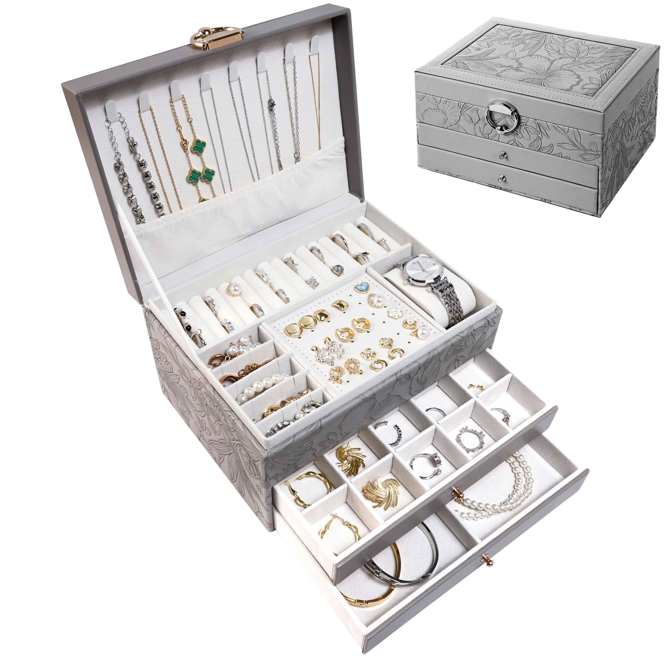 Jewelry Organizer Box Large Jewelry Boxes for Women 3-Layer Jewelry Holder Organizer for Necklace Earrings Rings Bracelets Storage