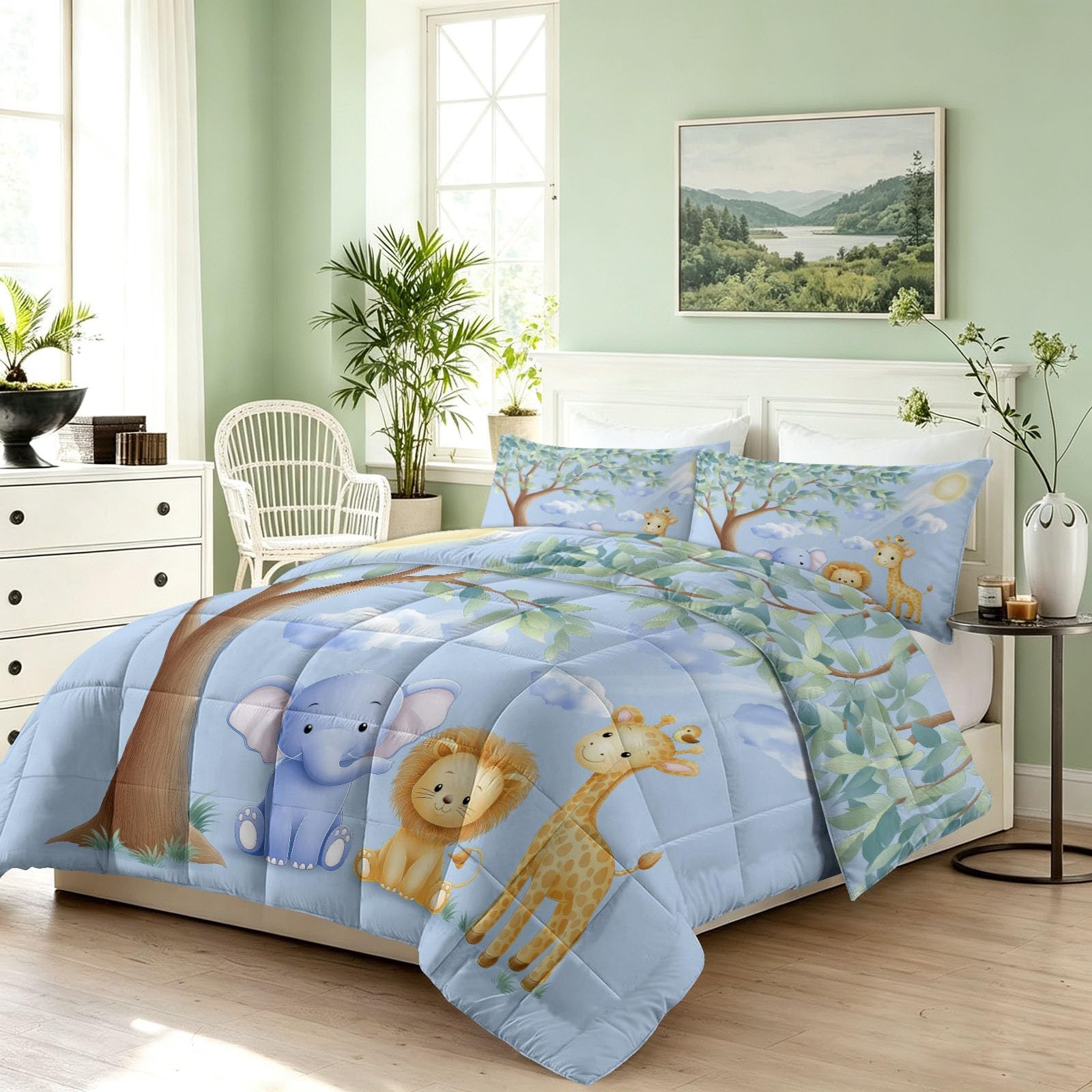 Generisch Edredón sin funda de 135 x 200 cm, diseño de león, elefante, para todo el año, con 2 fundas de almohada de 80 x 80, con dibujos animados de animales, lavable, 4 estaciones, agradable para la