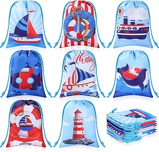 24 Pieces Nautical Party Favors Bags Nautical Themed Drawstring Bags Nautical Boat Goody Gift Treat Bags Marine Anchors Candy Bags for Nautical Themed Birthday Party Supplies