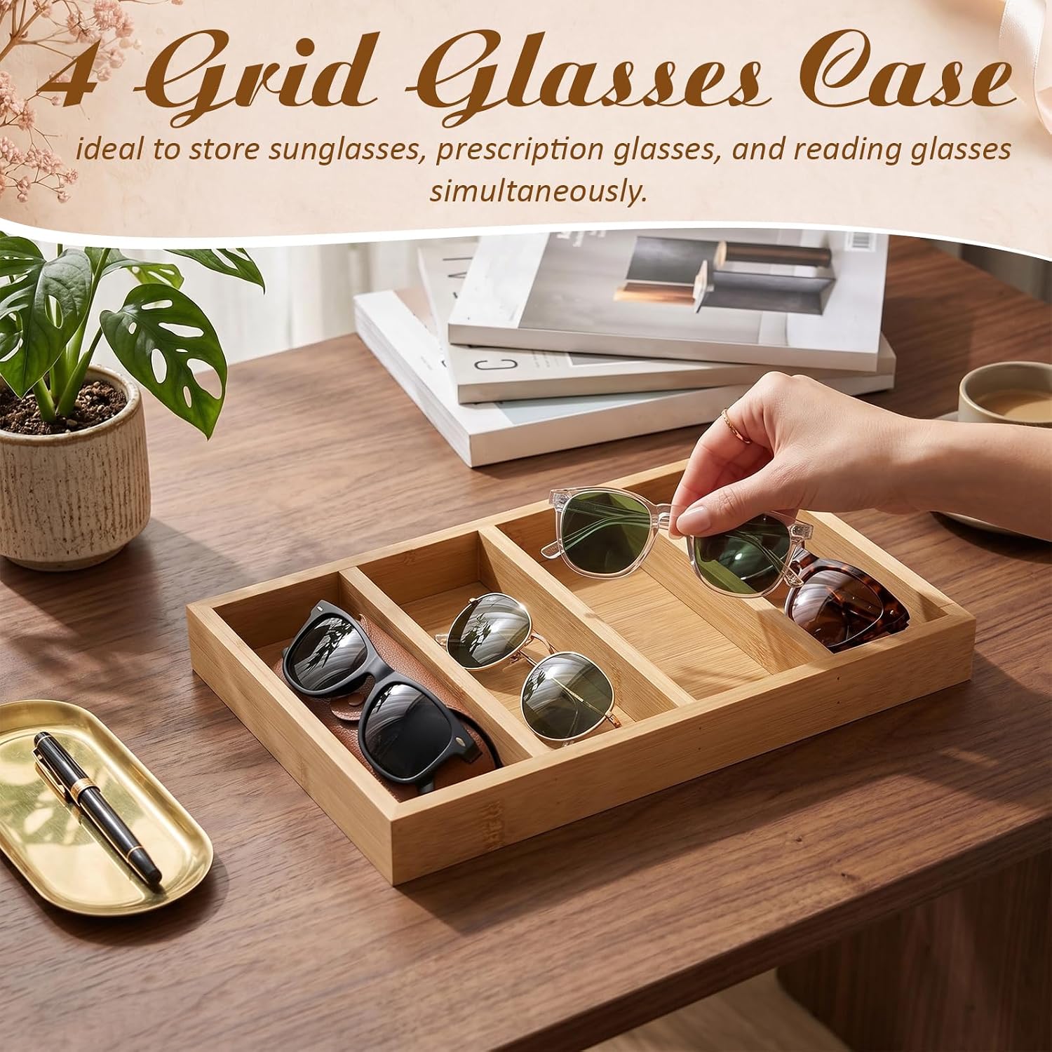 Novabright 4 Pcs Bamboo Sunglasses Organizer Sunglasses Tray Eyewear Display Eyeglass Storage Case Jewelry Box for Home or Office Gift
