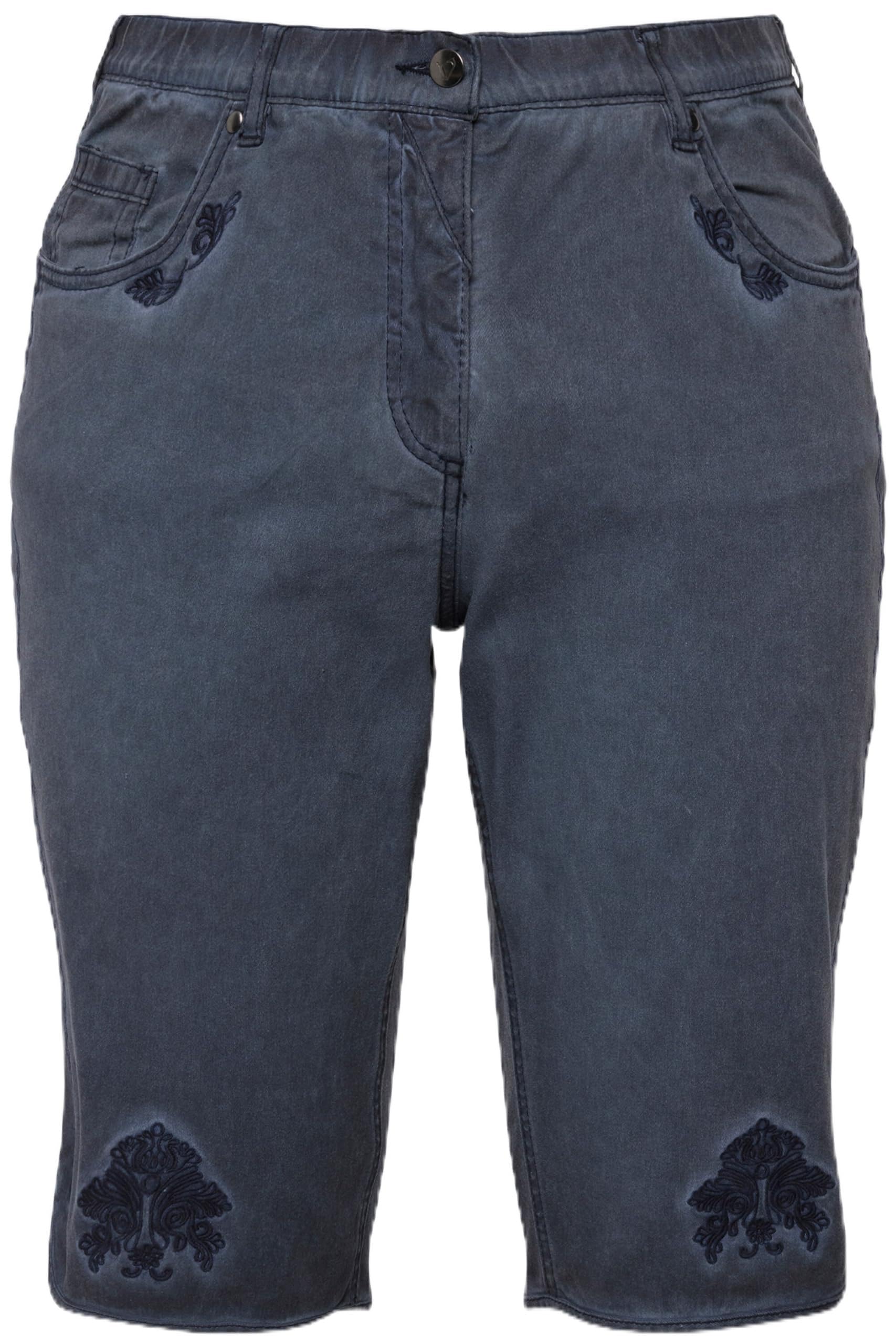 Ulla Popken Damen große Größen Übergrößen Plus Size Trachten-Jeansbermuda Mandy, Used-Look, Stickerei 818992