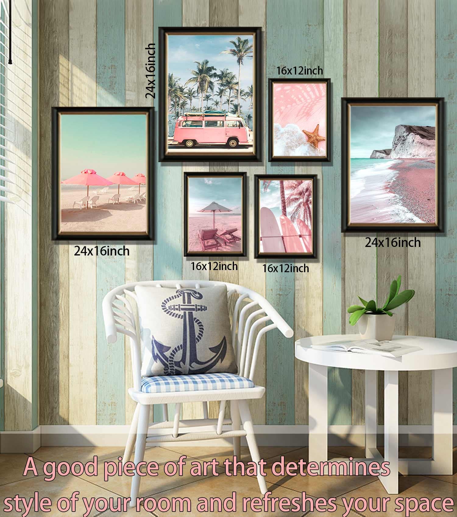 6 Set Large Beach Wall Art for living Room Bathroom Pink and Blue