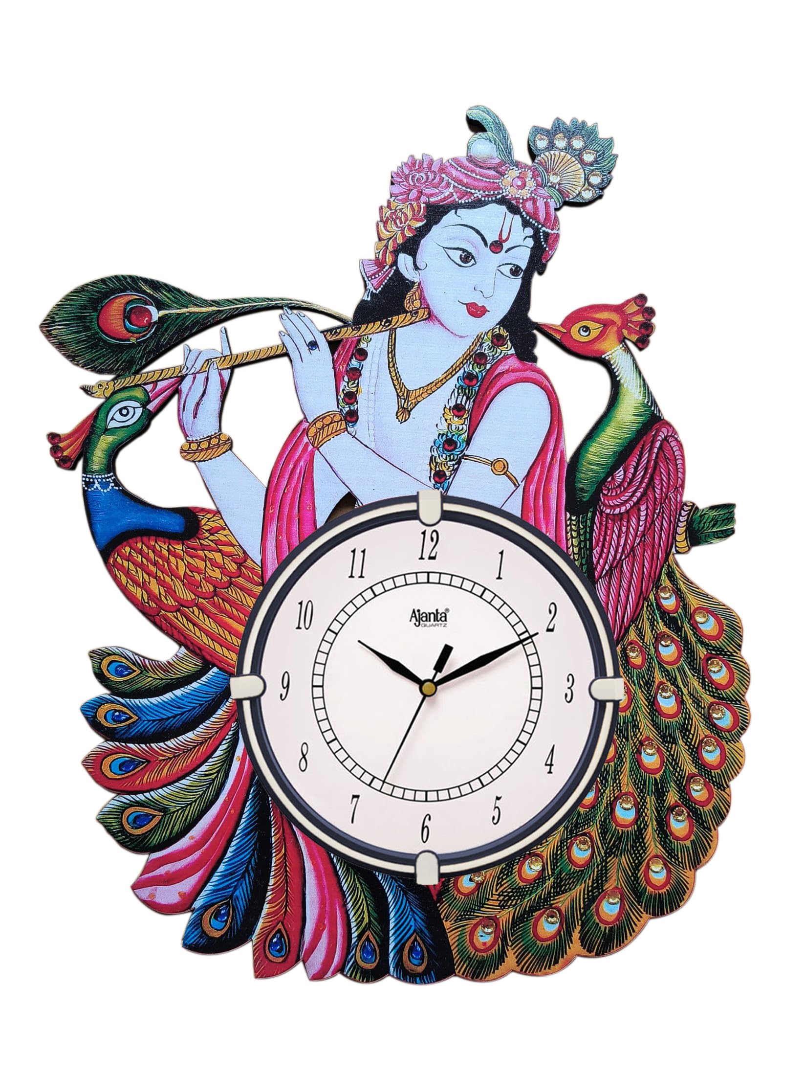 Ajanta Wall Clock Wooden Wall Clock Peacock Krishna Wall Watch(40x31 cm)-image-30