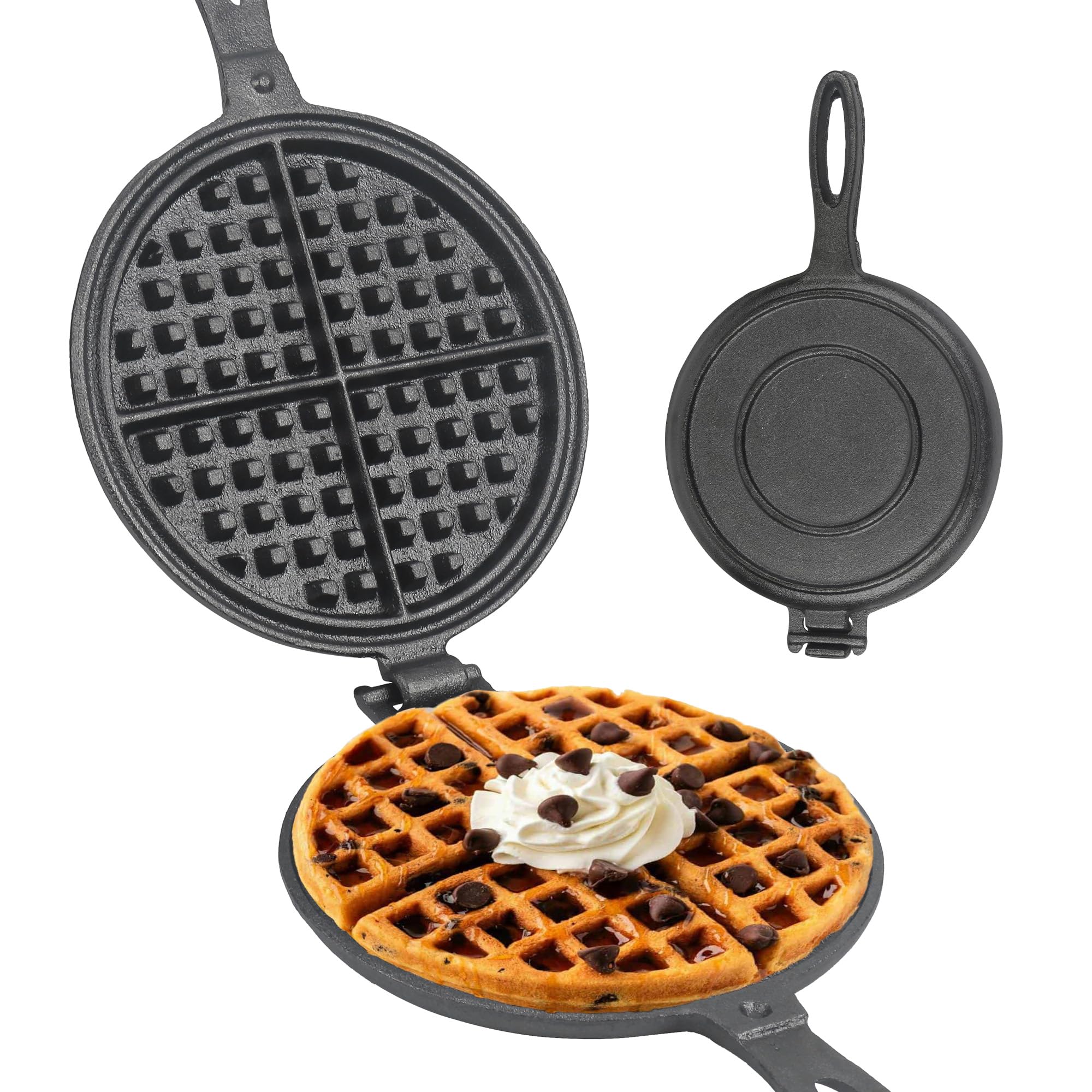 Cast Iron Waffle Maker for Stovetop or Camping Grill Two Piece Hinged Non Electric Waffle Iron Makes 7" Round Waffles