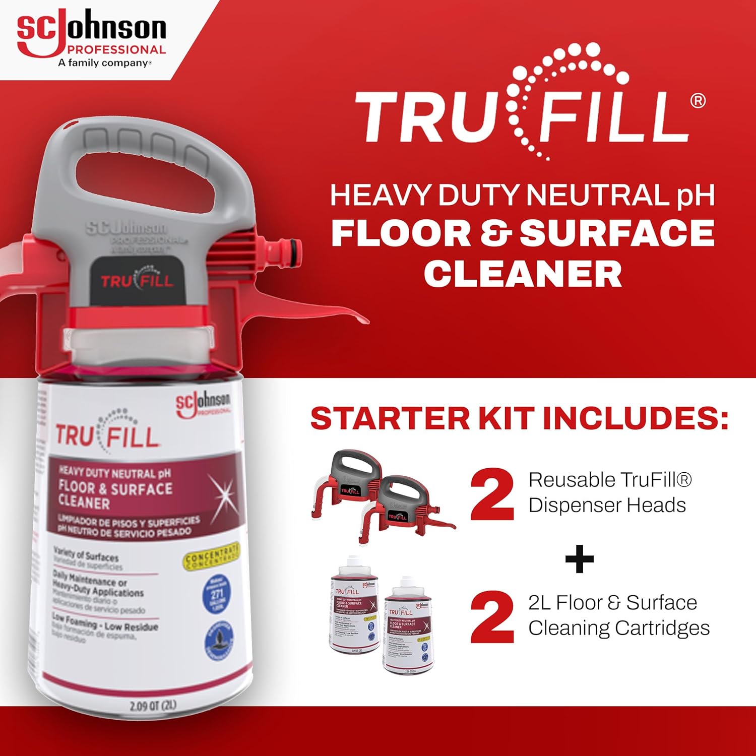 SC Johnson Professional TruFill Heavy Duty Neutral pH Floor & Surface Cleaner Starter Kit, Two 2L Cartridges, Two Dispenser Heads, Concentrated Formula for Daily Maintenance, for Professional Use Only