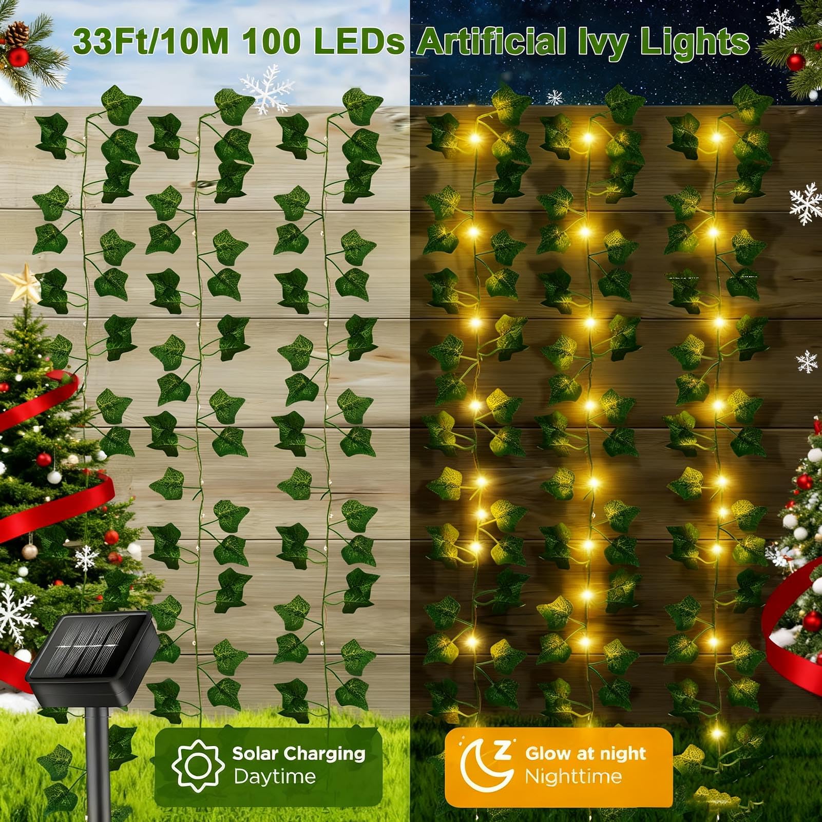 yowin Solarna girlanda świetlna 10 m, 100 diod LED, sztuczny bluszcz, 8 trybów, łańcuch świetlny ze sztucznymi liśćmi, IP65, wodoodporna, do ogrodu, na taras, balkon, Boże Narodzenie, wesele