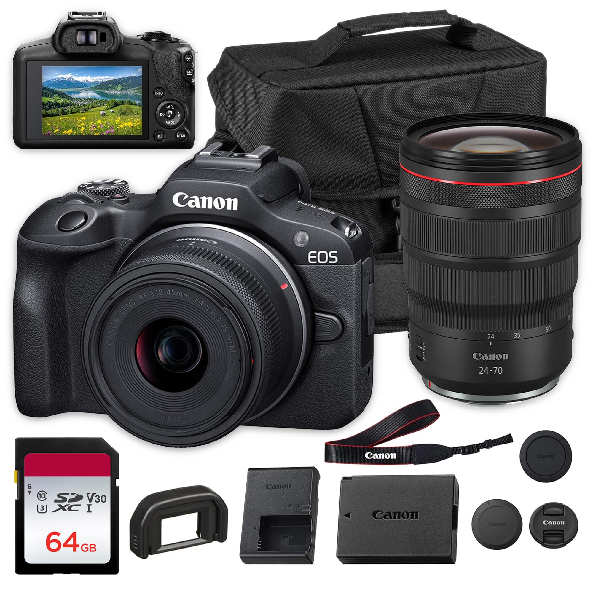 Canon EOS R100 Mirrorless Camera with 18-45mm & 24-70mm Double Lens Bundle w/ 18-45mm & 24-70mm Lens