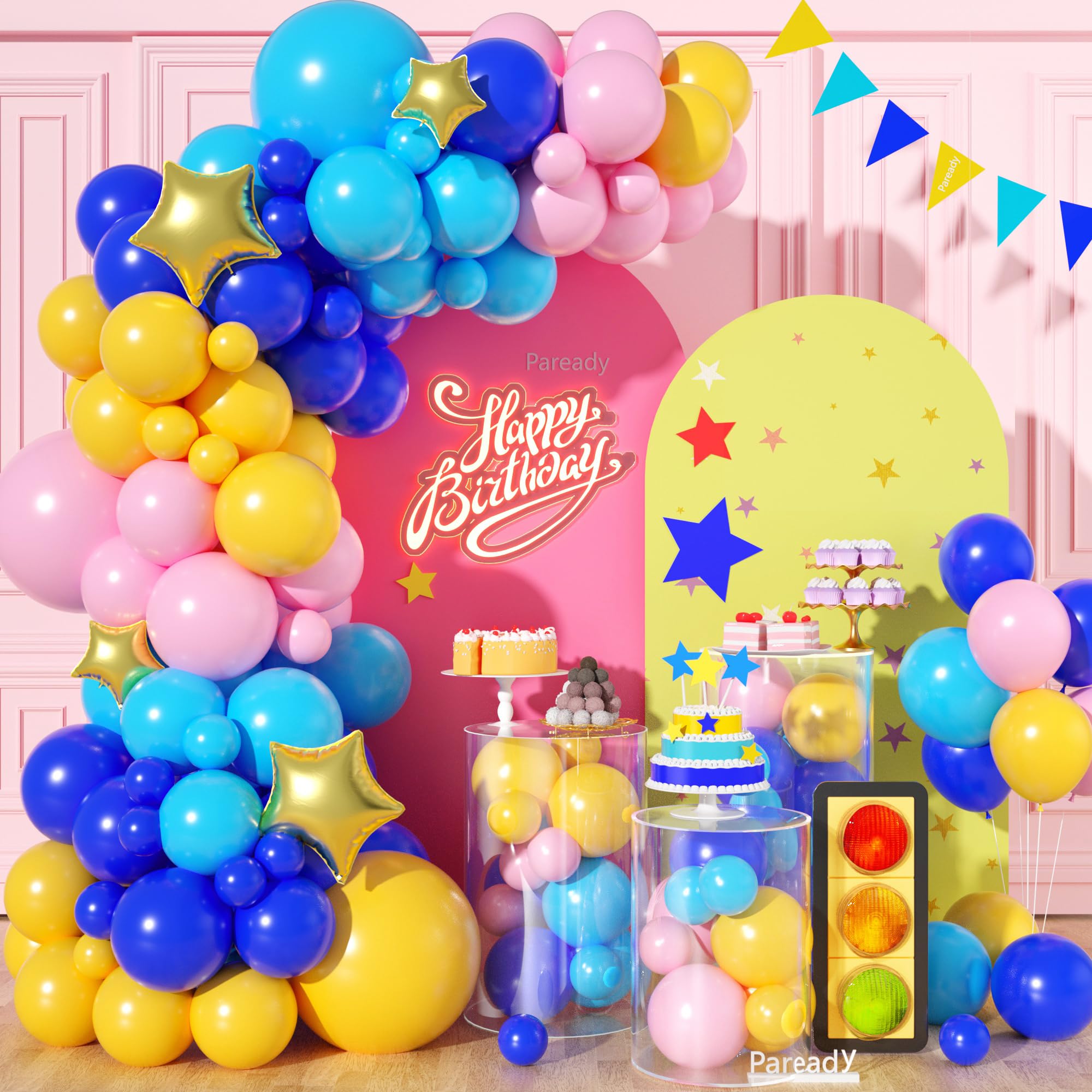 Pink Blue Yellow Balloon Arch Kit, 120pcs Blue Yellow Balloon Garland Kit with Star Foil Balloons Different Sizes For Rainbow Theme Birthday Baby