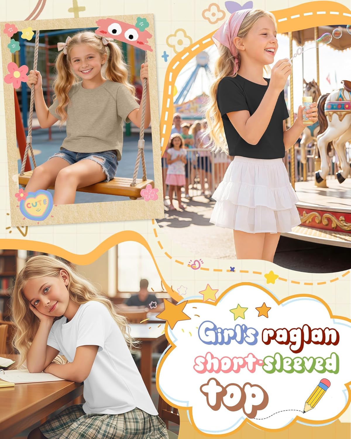 3 Pack Girls' Short Sleeve T-Shirts Loose Fit Crew Neck Tops Raglan Curve Hem Shirts Casual Kids Basic Tees 5-14Y - Image 4
