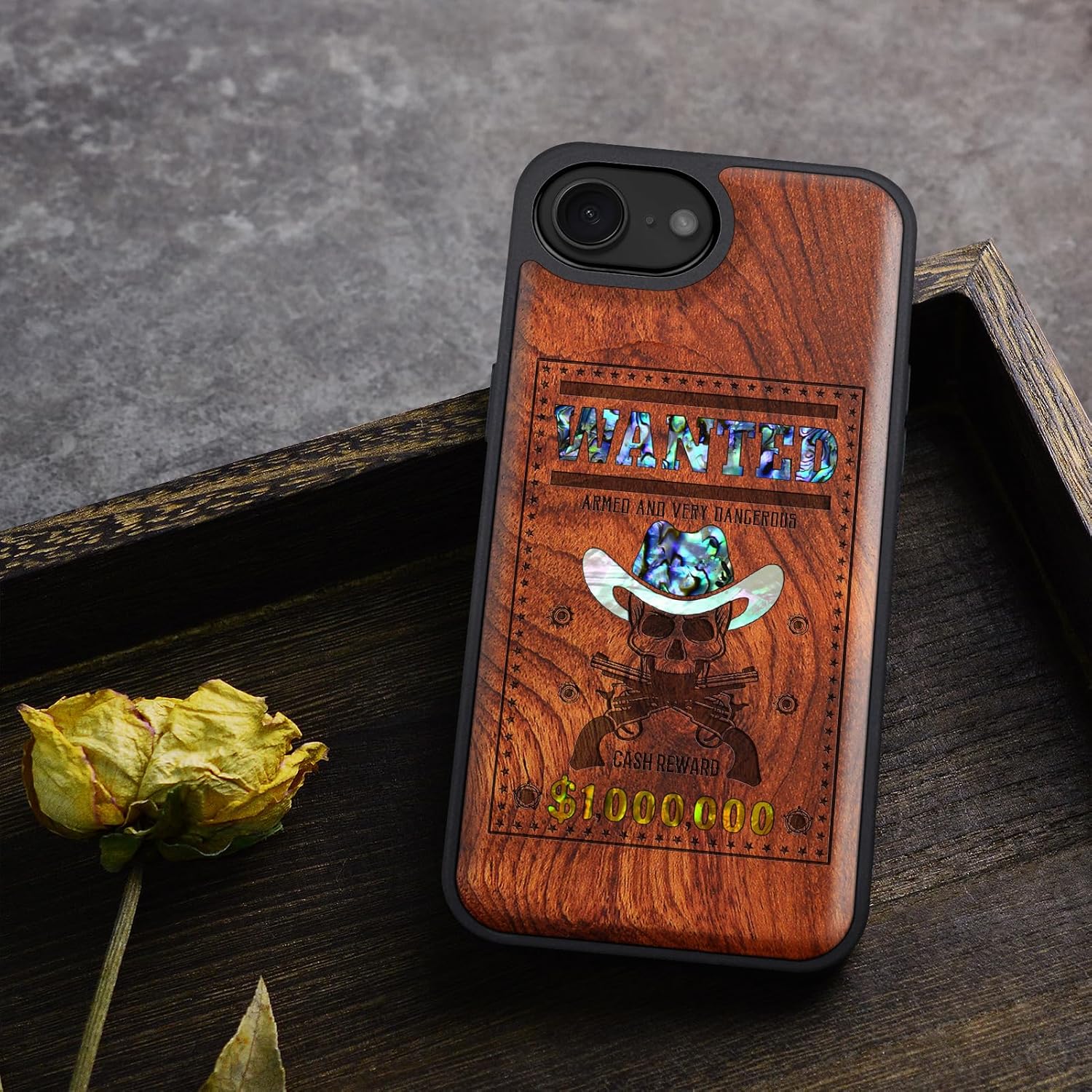 Carveit Magnetic Wooden Case for iPhone 16e / 17e, Wood Artisan Engraved & Handmade Shell Inlaid, TPU Shockproof Cover, Compatible with MagSafe Wireless Chargers, Outlaw Skull Wanted - Rosy