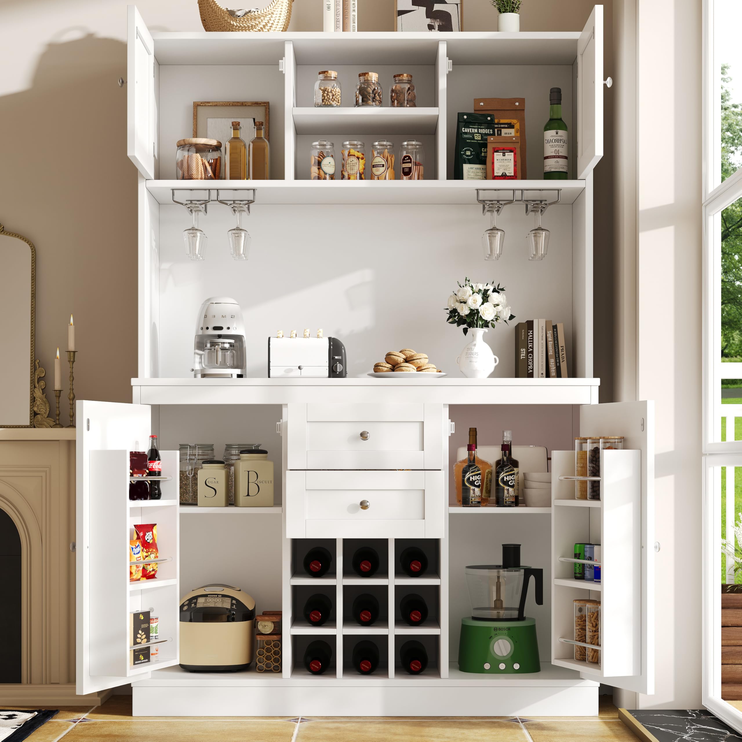 Kebnor Küchenschrank mit verstellbaren Ablagen & Weinregal,Hochschrank Küchenbuffet mit 4 Türen & 2 Schubladen,Sideboard für Küche & Wohnzimmer,Buffetschrank Weiß