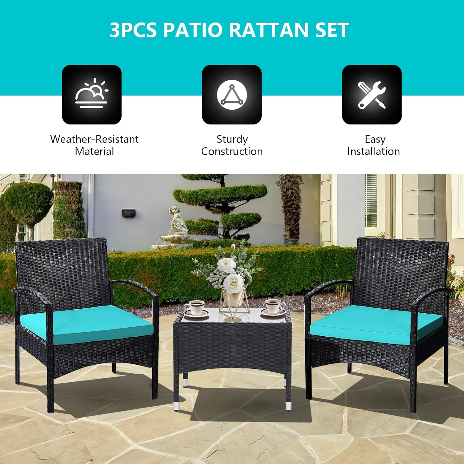 DORTALA 3 Piece Wicker Patio Furniture Set, Outdoor PE Rattan Conversation Set with Chairs & Coffee Table for Patio Garden Lawn Backyard Pool, Turquoise