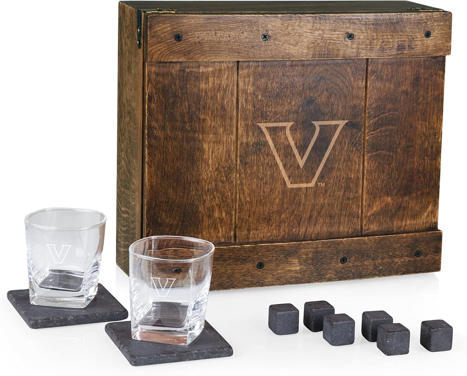 PICNIC TIME NCAA unisex-adult NCAA Whiskey Box Gift Set, Whiskey Glasses Set of 2, Whiskey Stones Gift Set Vanderbilt Commodores One Size Oak Wood