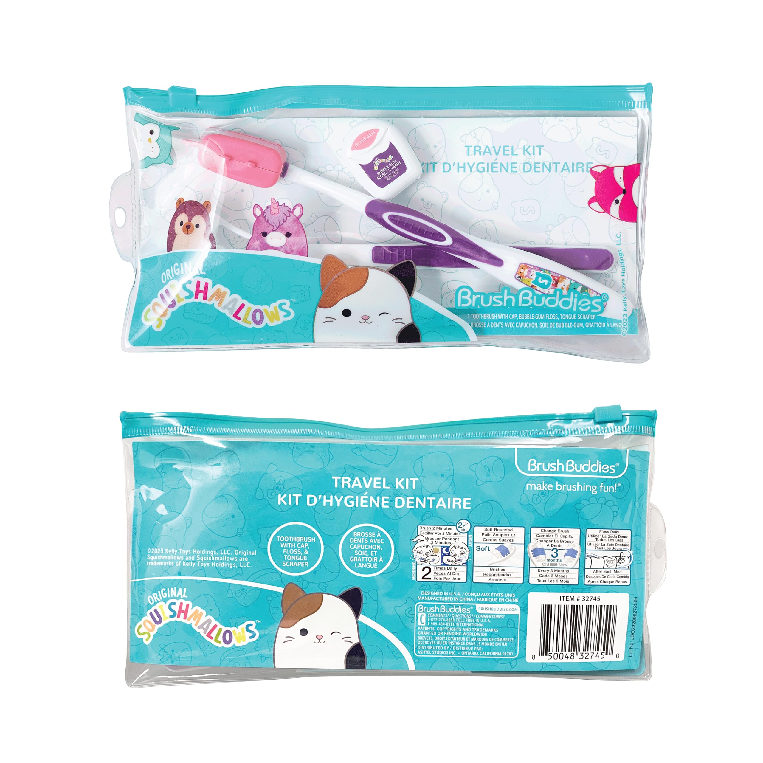Squishmallows - Kit de viaje para cepillos de dientes, kit dental con cepillo de dientes, raspador de lengua y hilo dental 2