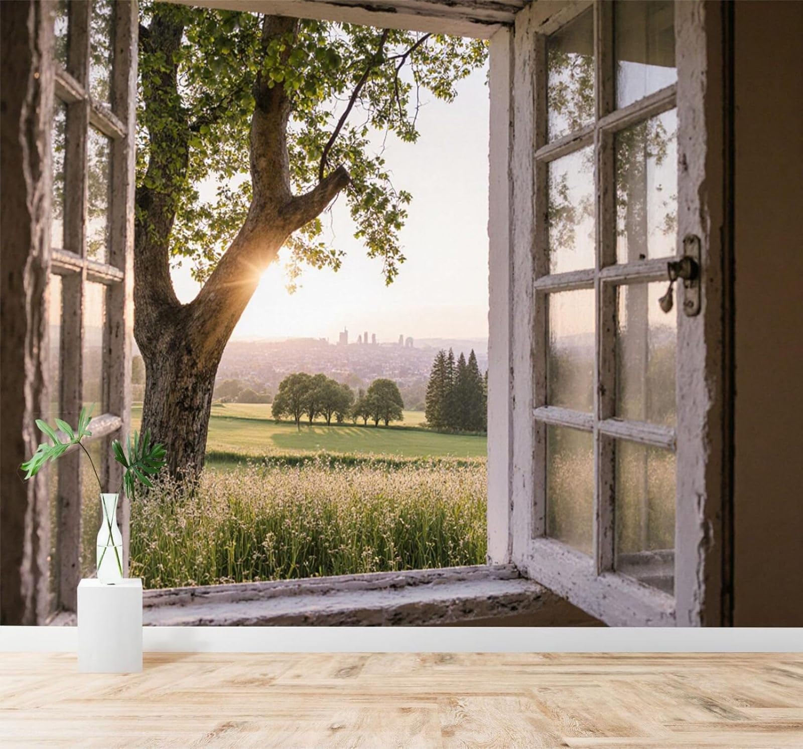 Xlming 250Cm×170Cm(B×H) Sunrise View Through A Window Trees Grass Cityscape In The Distance 3D Wallpaper Silky Texture Home Study Office Grey Dining Room Sofa Bedroom Living Room Tv Backdrop-250Cm×170Cm