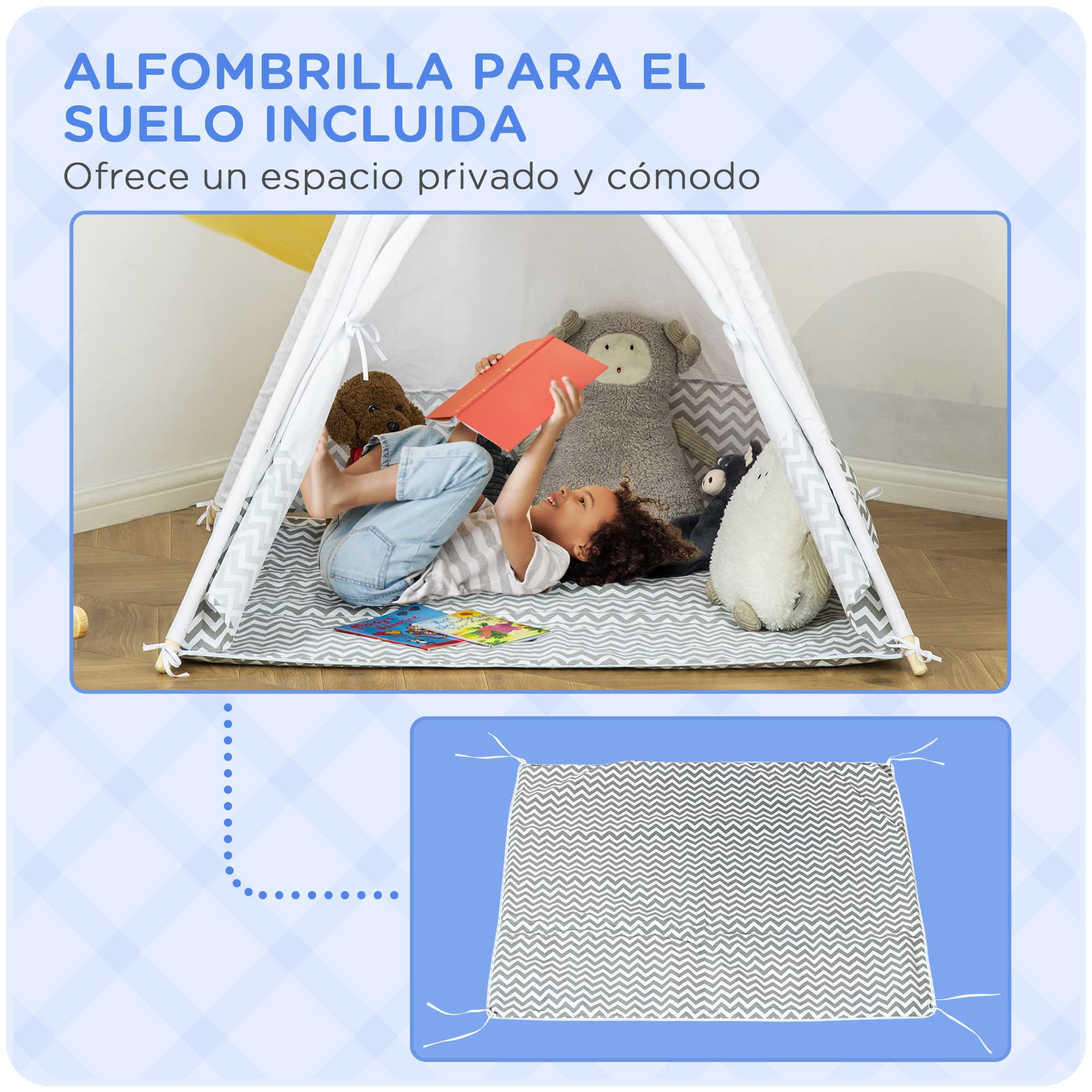 HOMCOM Tienda de Campaña para Niños de +3 Años 120x120x155 cm Gris | Tipi Infantil con Colchoneta, de Madera, Portátil, Ventana, Bolsa de Transporte, para Interiores y Exteriores