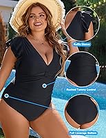 Vista 3 de Blooming Jelly Traje de baño de una pieza con control de abdomen para mujer, cobertura completa, talla grande, traje de baño retro con volantes