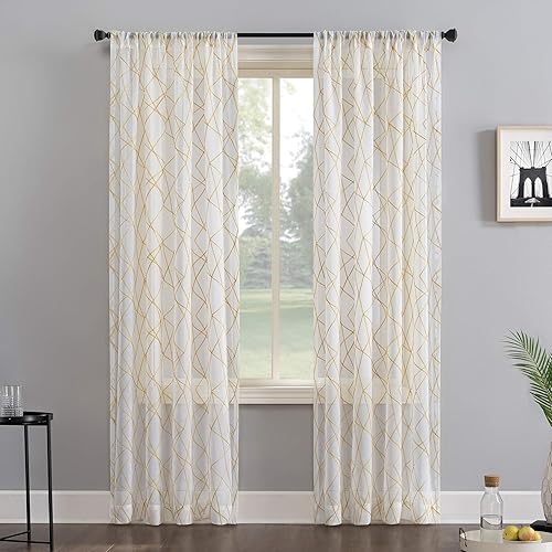 No. 918 Petra - Cortina semitransparente con dobladillo para barra, con bordado geométrico, 50 x 96 pulgadas, color dorado