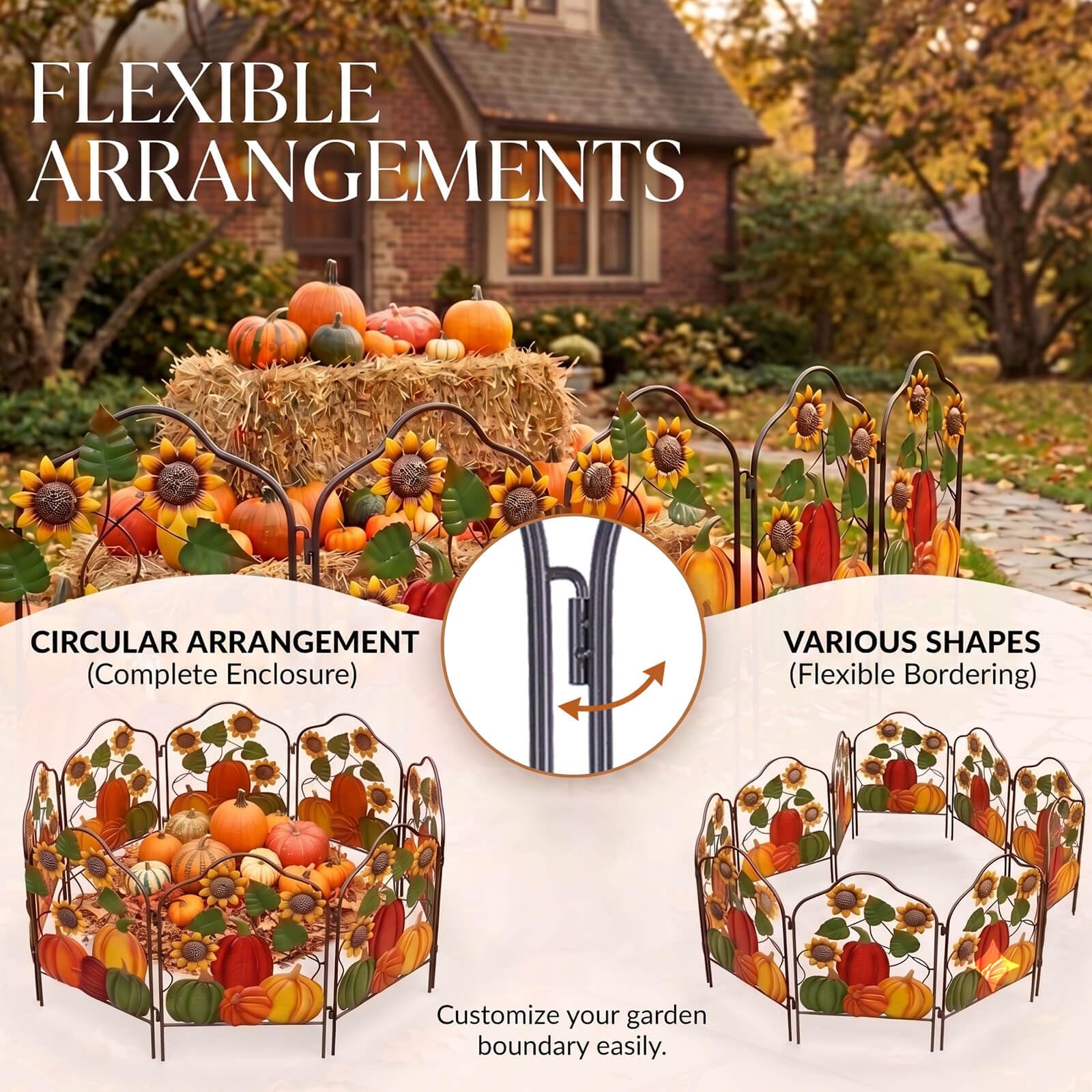 hogardeck Herbstdekorationen für Zuhause und draußen, Set mit 2 Metallzaun, dekorative Gartenpfähle mit Kürbis-Sonnenblume für Herbstdekoration, Metall-Hofschilder für Garten, Rasen, Terrasse