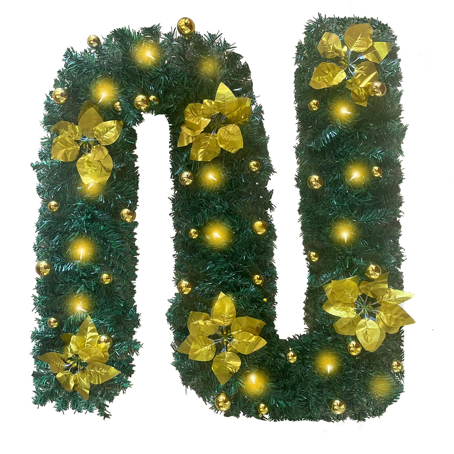 IronBuddy 9ft Lighted Christmas Garland Artificial Pine Garland with 30 LEDs 6 Flowers and 30 Ball Ornaments Mantle Garland Greenery Garland for Christmas Holiday Party Wedding Home Decor (Gold)