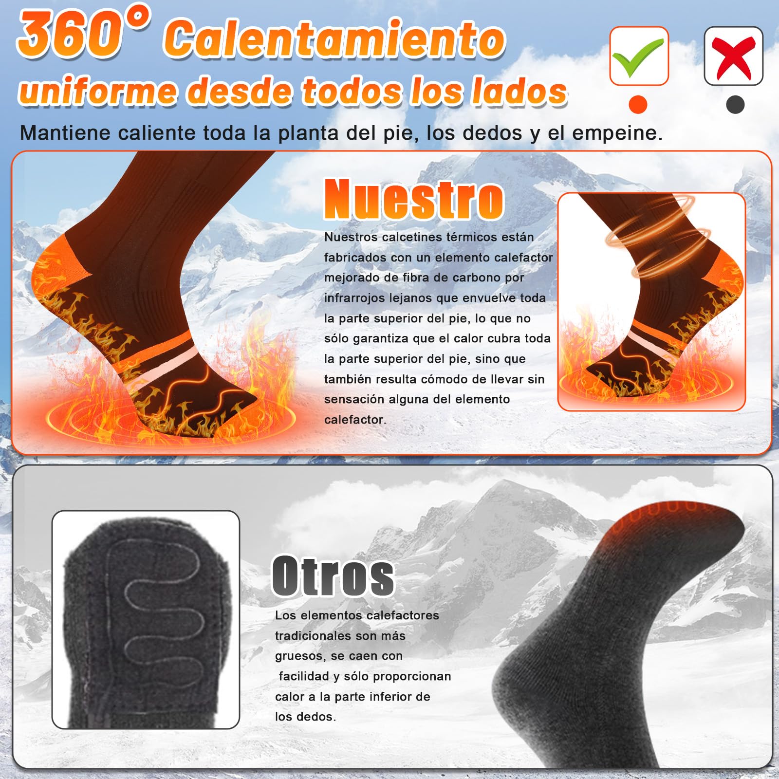 Aragallant Calcetines Calefactables Mujer Hombre, 5V/5000mAh Calcetines Térmicos Eléctricos Recargables con 4 Temperaturas, Calentadores de Pies Calcetines para Invierno Esquí Caza