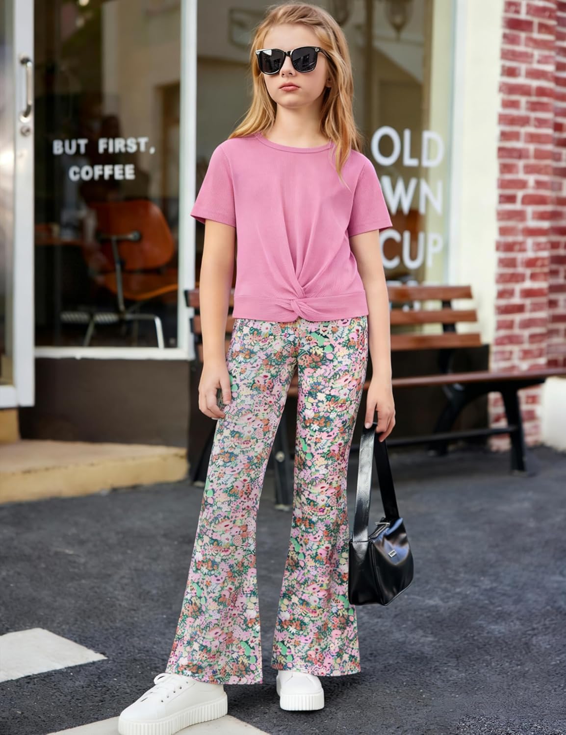 Girls 2 Piece Summer Outfits 5-10Years Twist Front Short Sleeve Top & Floral Bell Bottom Pants Little Kids Set - Image 4