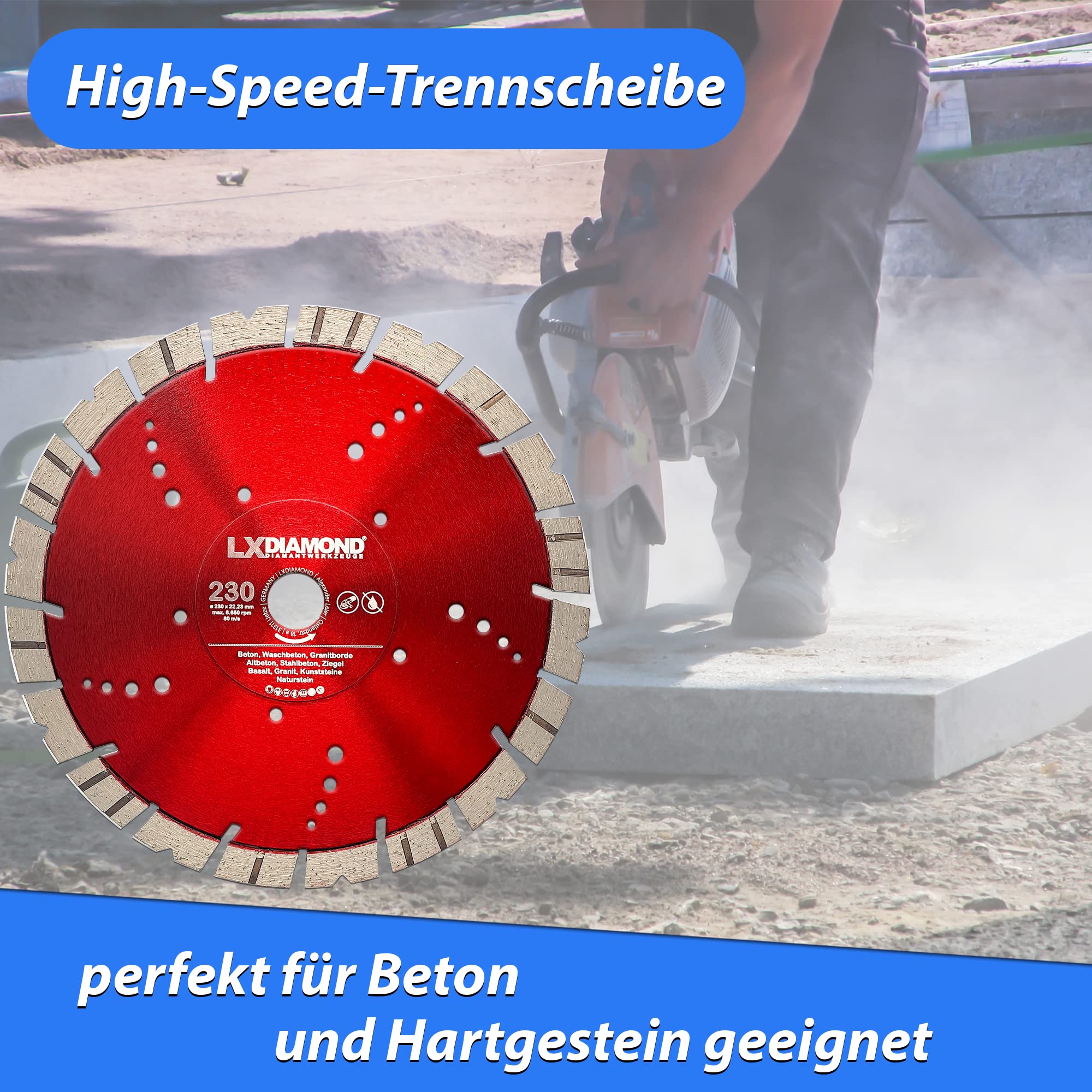 Diamant-Trennscheibe 230mm x 22,23mm - Segment 15mm - für Hartgestein Kunststeine Stein Ziegel Granit Granitborde Stahlbeton Naturstein Beton Diamantscheibe 230 mm - in Premium Qualität
