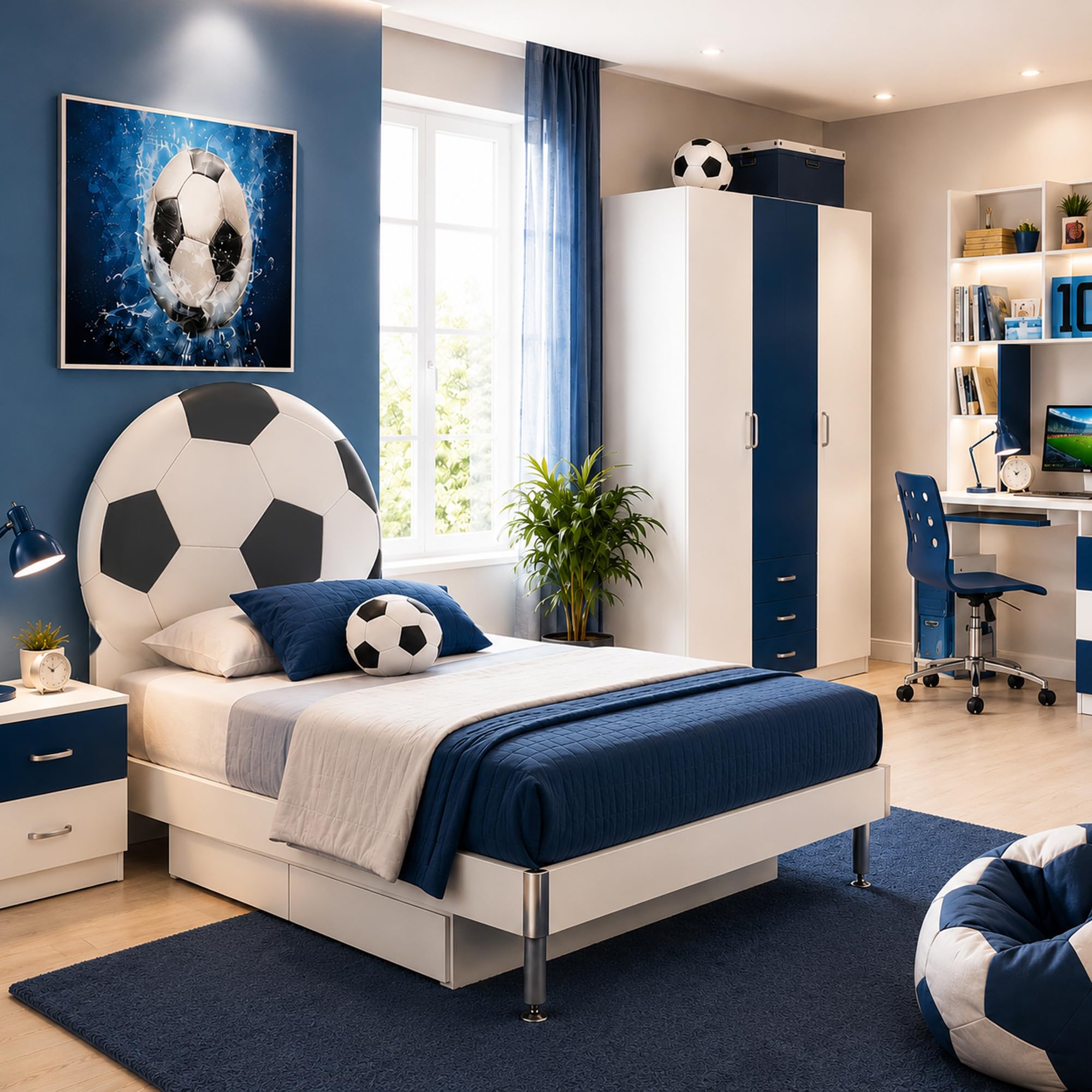 ONEK-DECCO Cabecero Juvenil Balón de Fútbol – Cabecero de Cama Infantil y Juvenil Tapizado en Polipiel Acolchada, Diseño Deportivo Moderno para Niños y Adolescentes (105x140, Blanco-Negro)