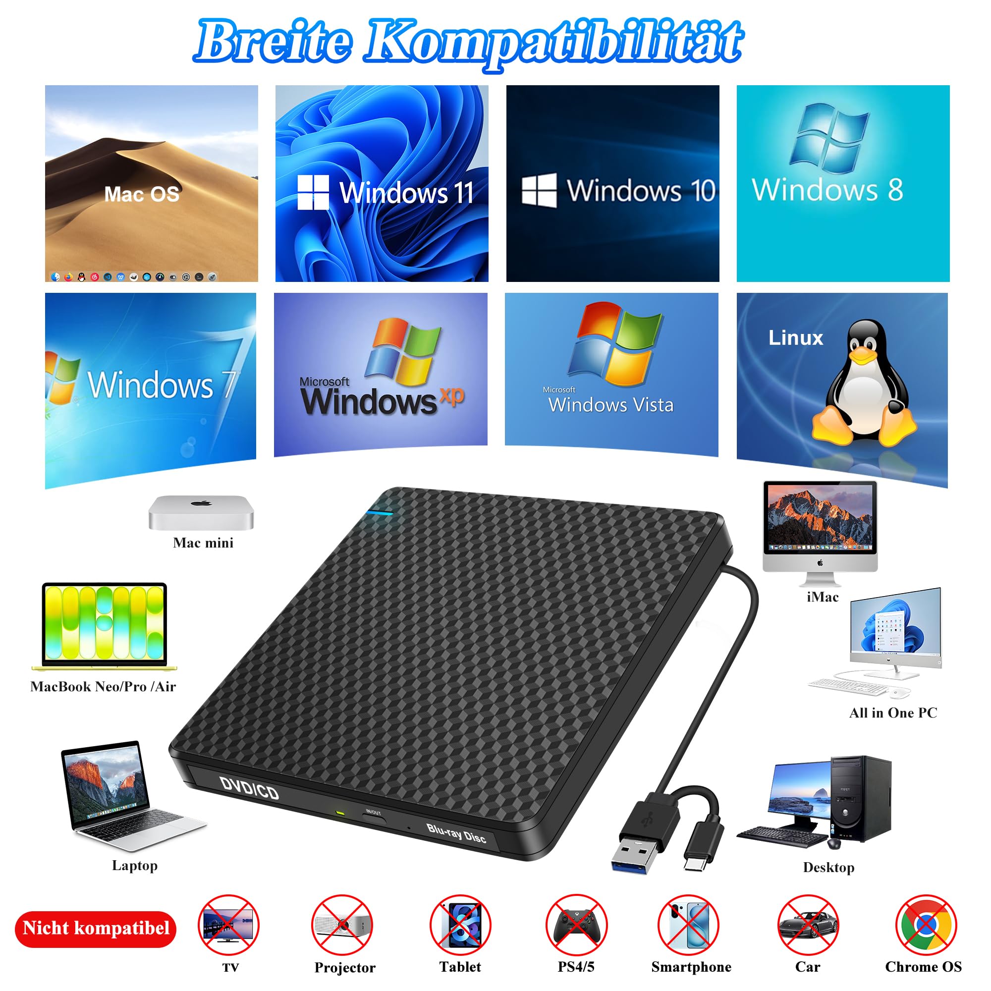 Externes Blu Ray Laufwerk: Slim Bluray Brenner Extern USB C für Laptop Mac MacBook mit SD/TF Slot USB Ports Tragbar Bluray Laufwerk Extern CD/DVD/BD Player für PC Windows 11 Schwarz