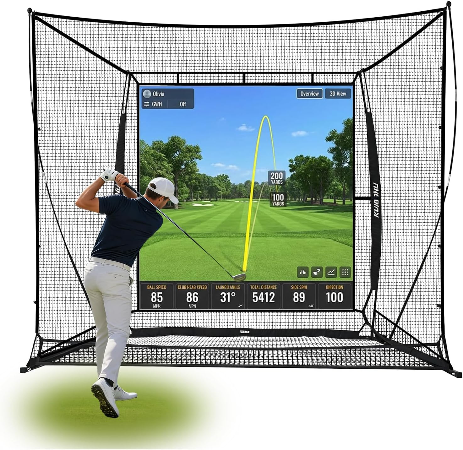 2026 Upgraded Golf Simulator Cage with HD Simulator Screen & Side Barriers, 10 x 8ft Golf Hitting Net with Thickened Heavy Duty Frame for High-Speed Shots, Auto Ball Return Golf Practice Net