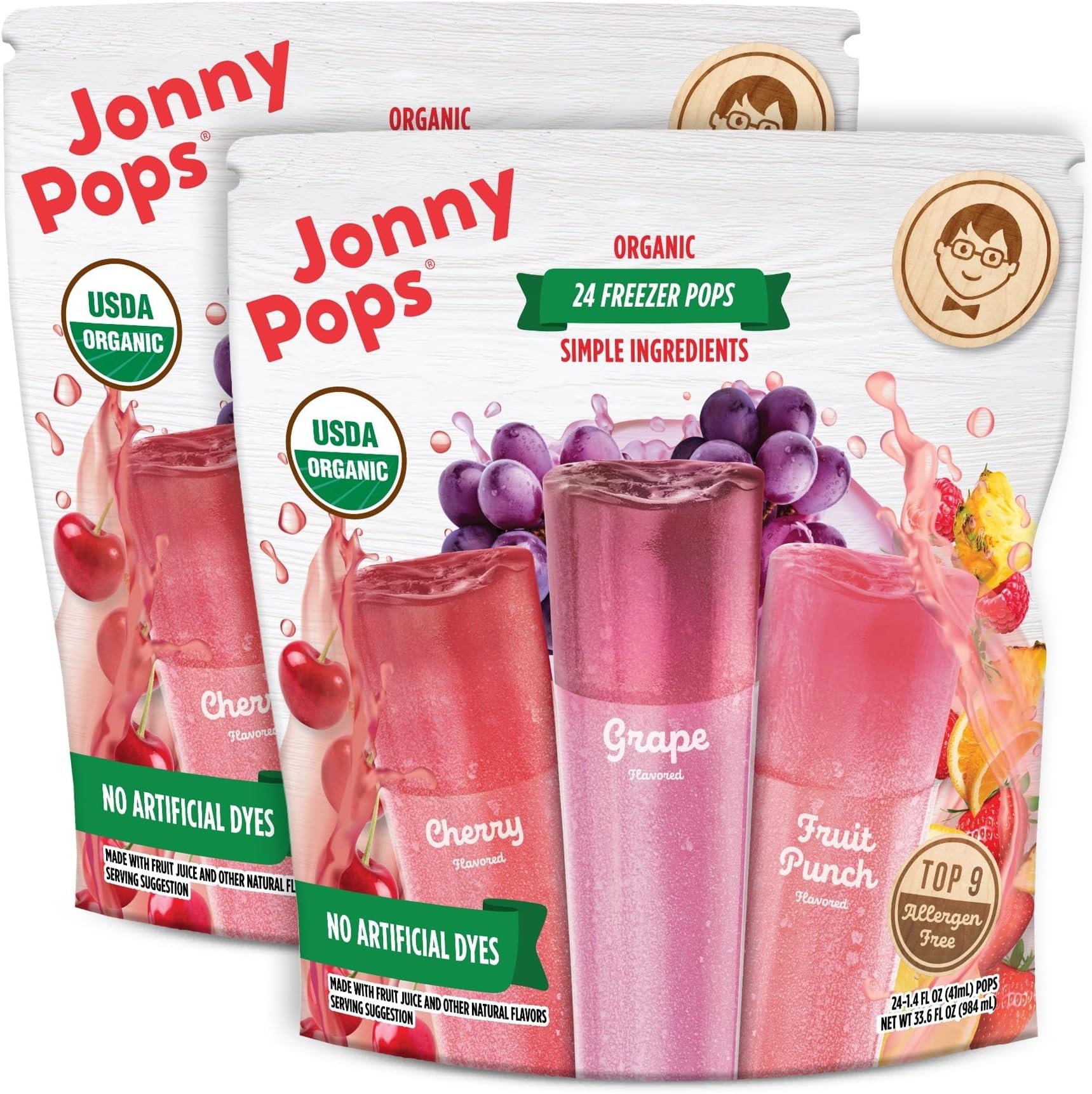JonnyPops Organic Freezer Pops Variety Pack - Grape, Cherry, Fruit Punch - Top 8 Allergen Free, Vegan & Kosher (24 count – 2 Pack)